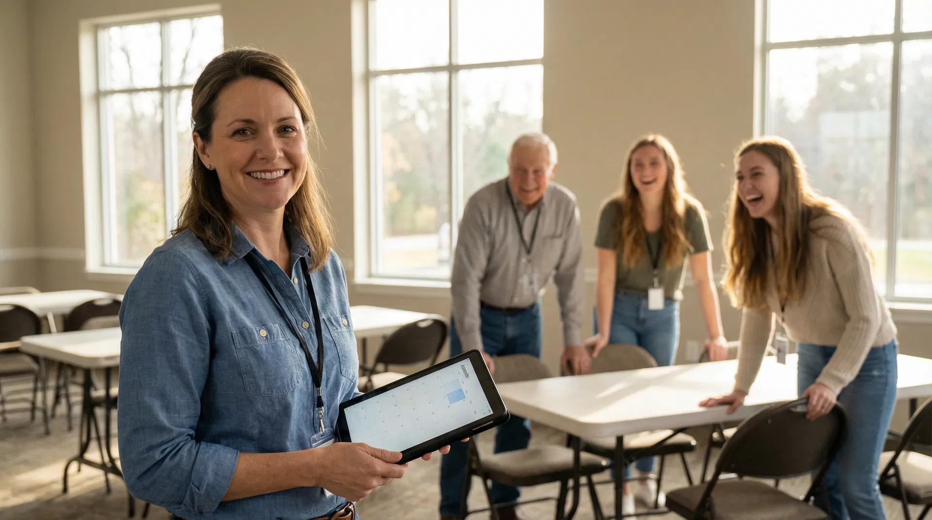 Happy volunteer coordinator with tablet and smiling volunteers in background