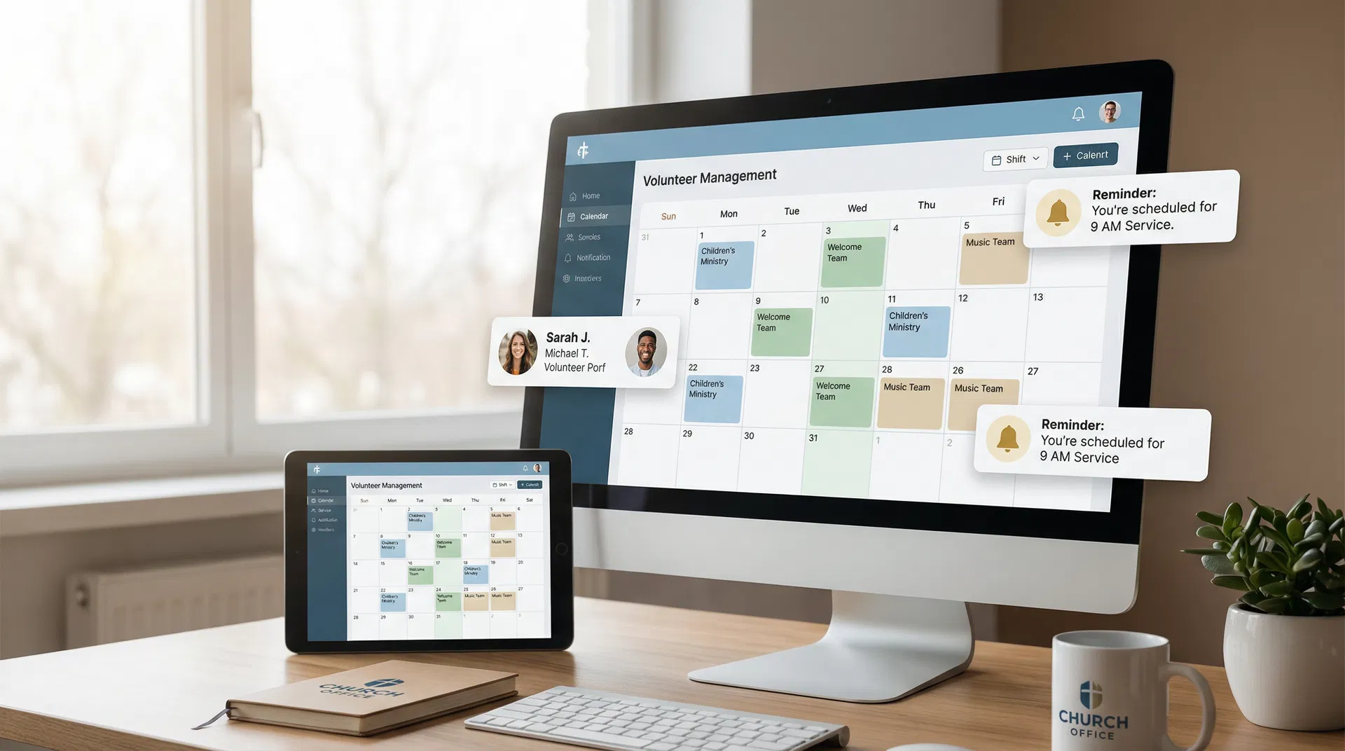 Church volunteer management software dashboard showing scheduling calendar and automated reminders
