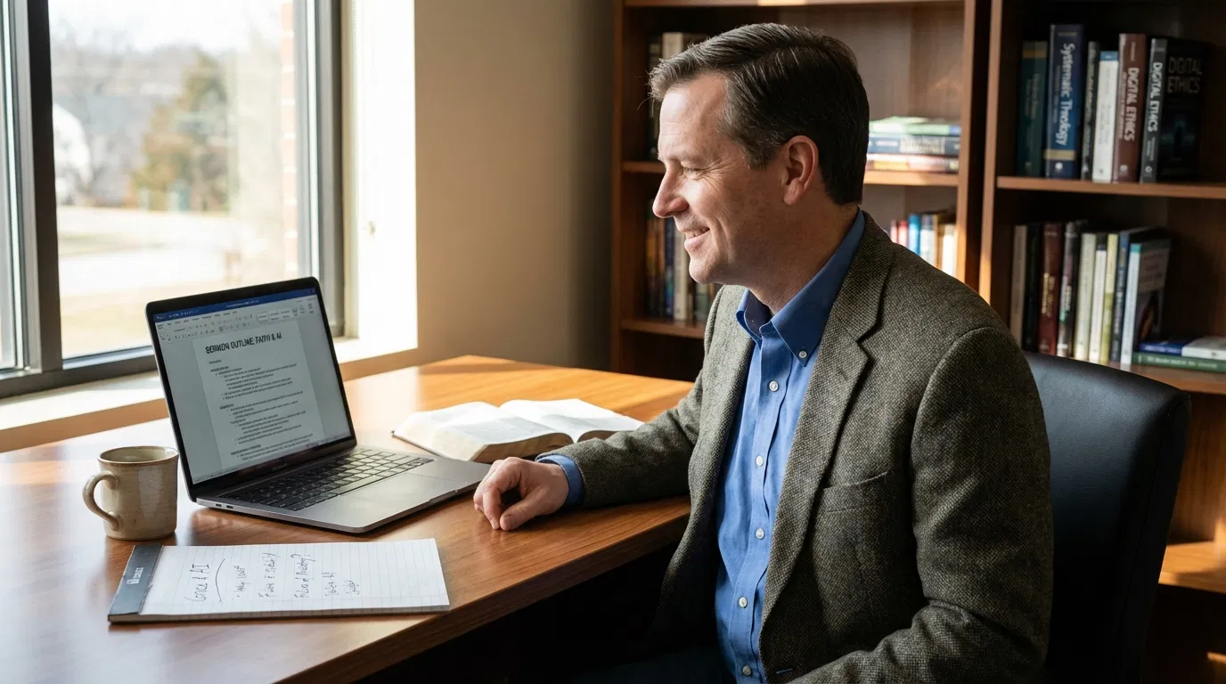 Pastor using AI sermon generator on laptop