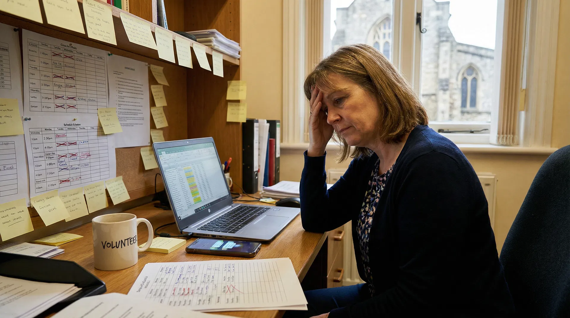 Overwhelmed volunteer coordinator at desk with laptop, phone, and papers
