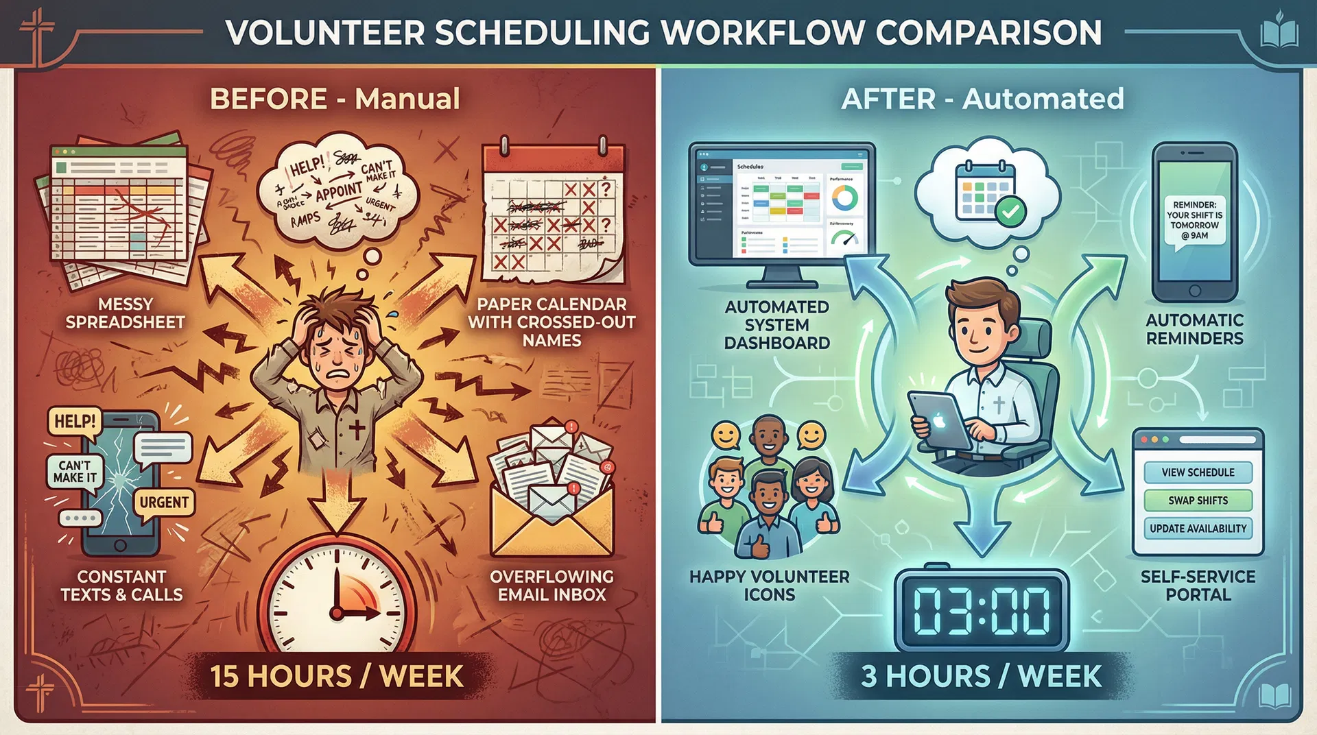Before and after comparison of manual vs automated volunteer scheduling workflows