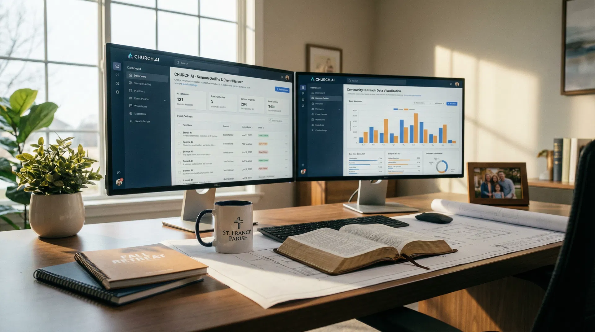 Church administrator's organized desk with dual monitors showing AI tools and workflow automation
