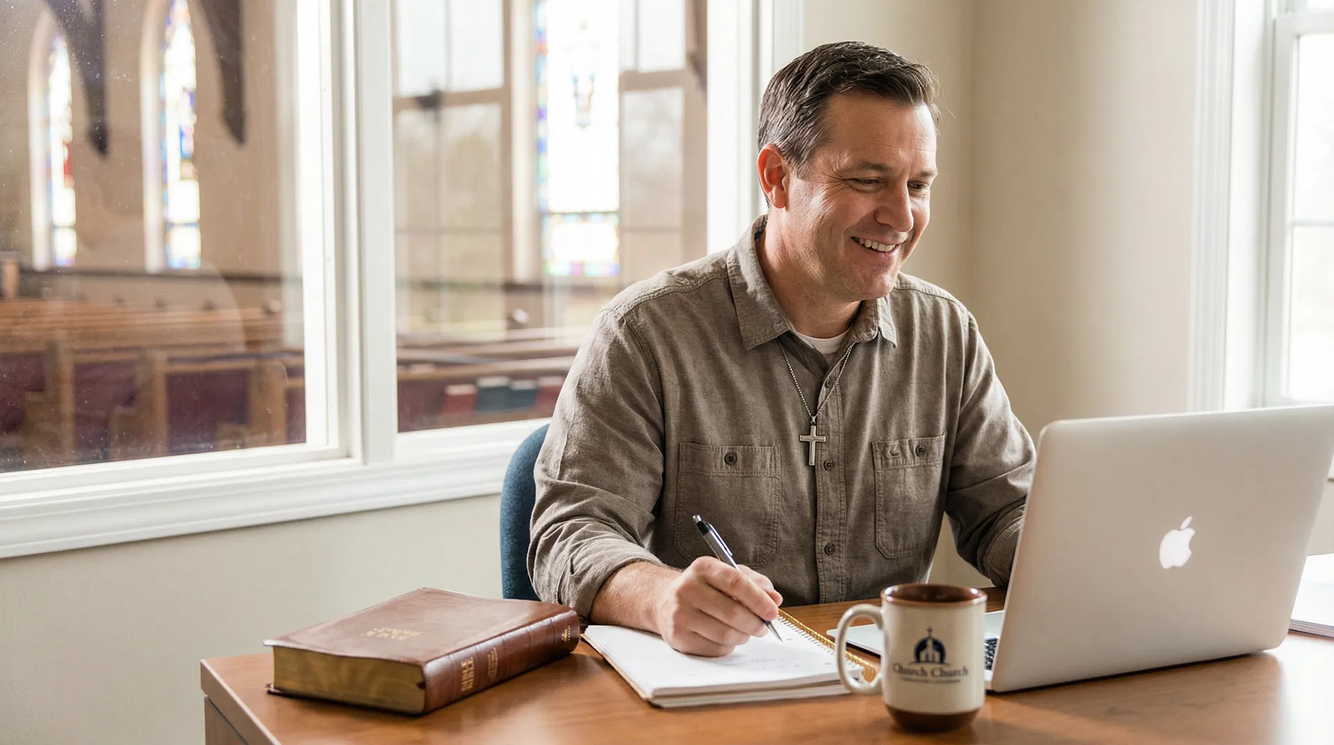 Pastor working on sermon prep with AI assistance in church office