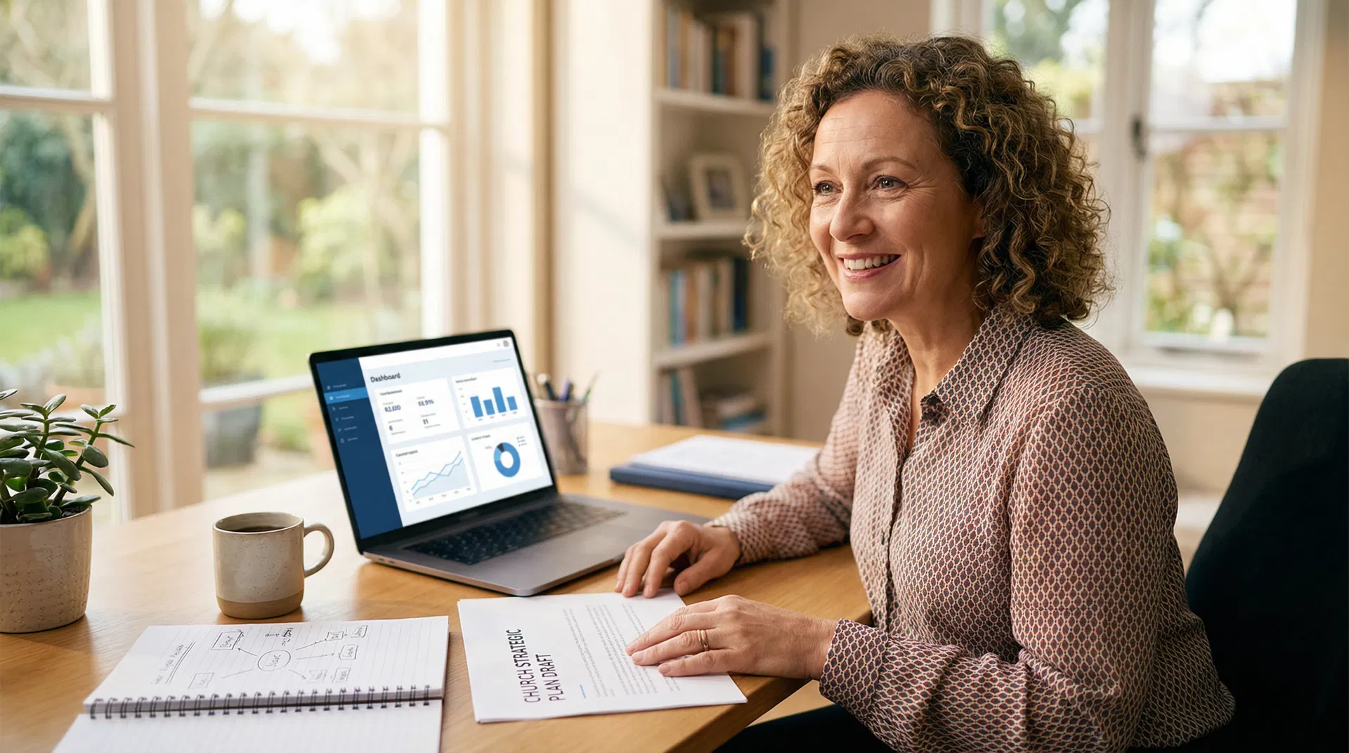 Happy church administrator working on strategic planning with clean, organized workspace