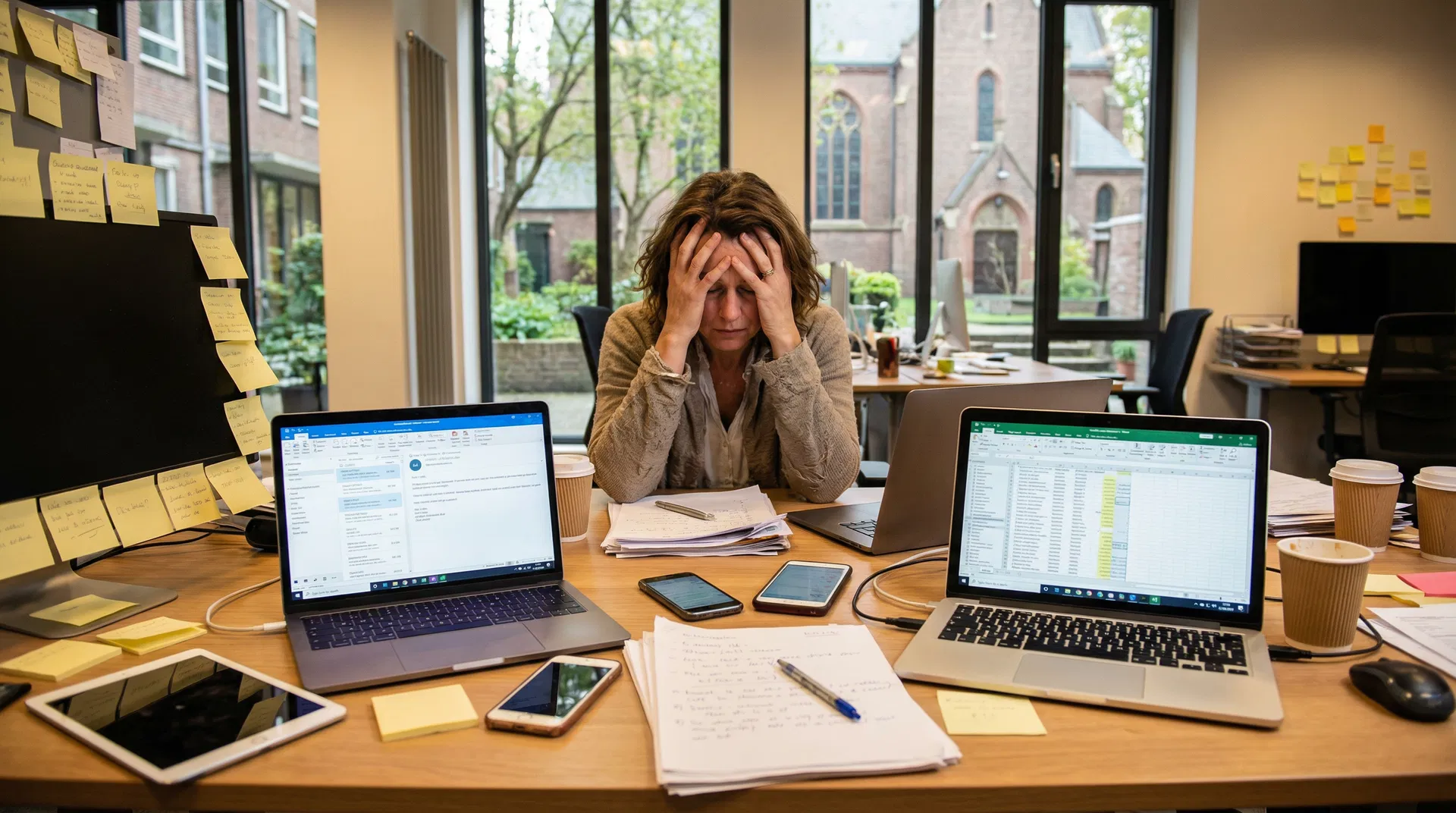 Stressed church administrator at desk surrounded by multiple devices and communication chaos