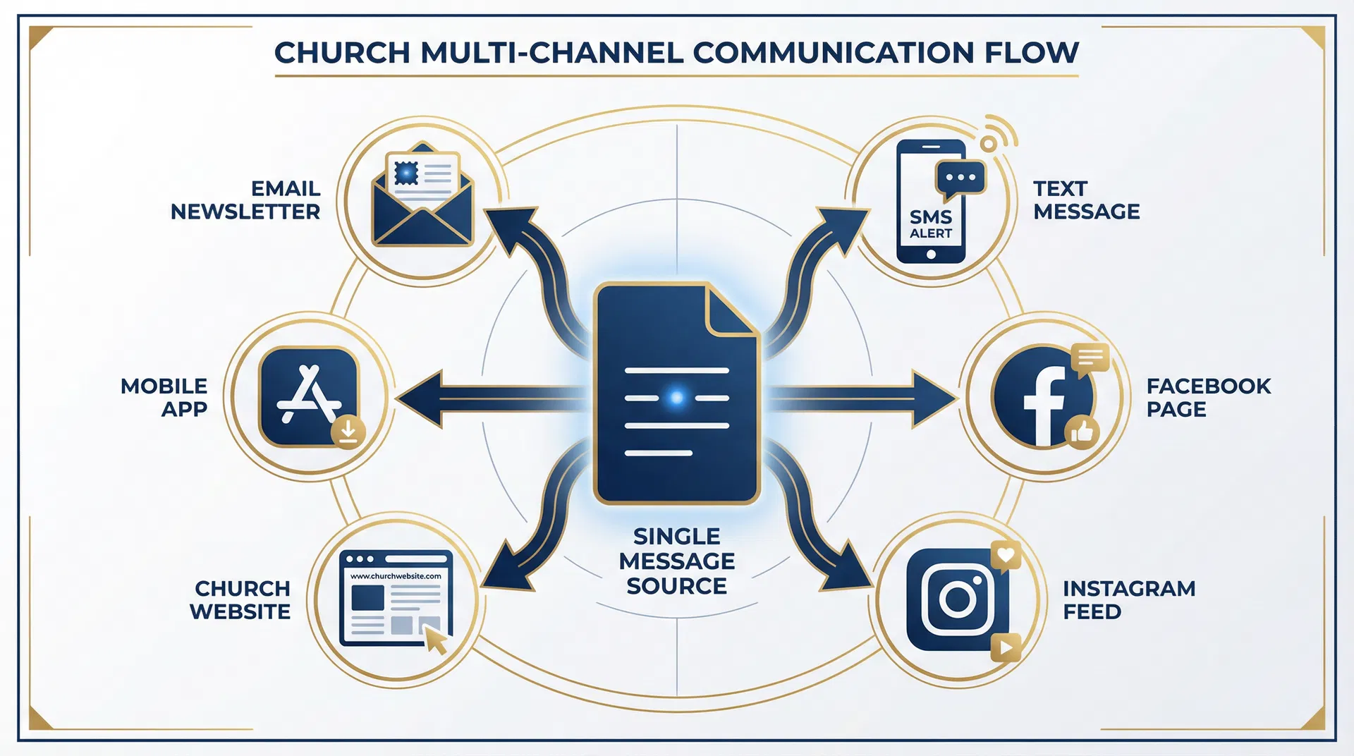 Multi-channel communication flow diagram showing single message distributing to email, SMS, social media, website, and app