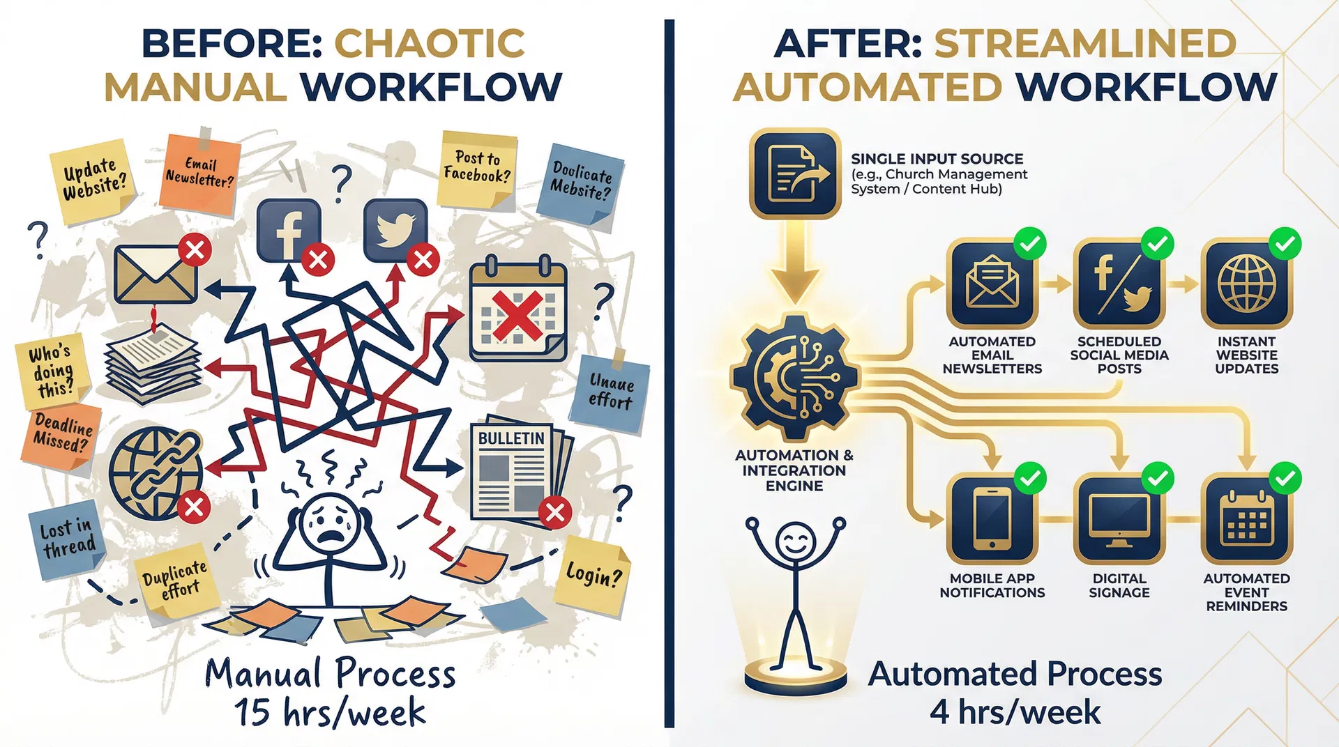 Before and after comparison of manual vs automated church communication workflow