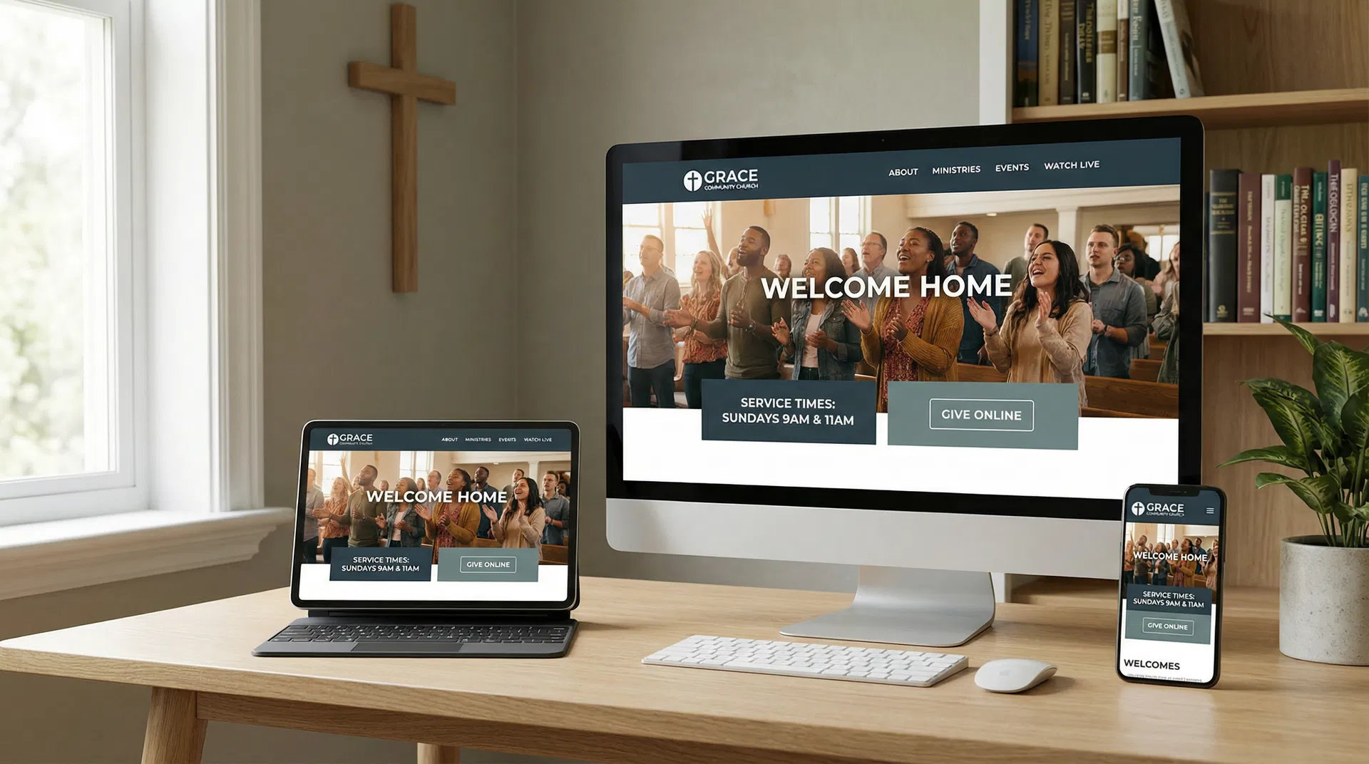 Modern church website displayed on multiple devices