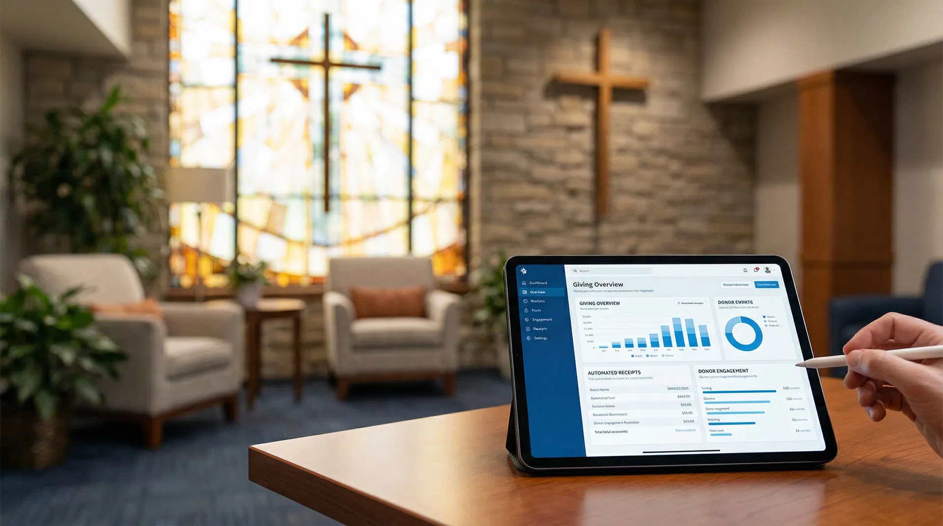 Church giving automation dashboard showing donation tracking and automated receipts