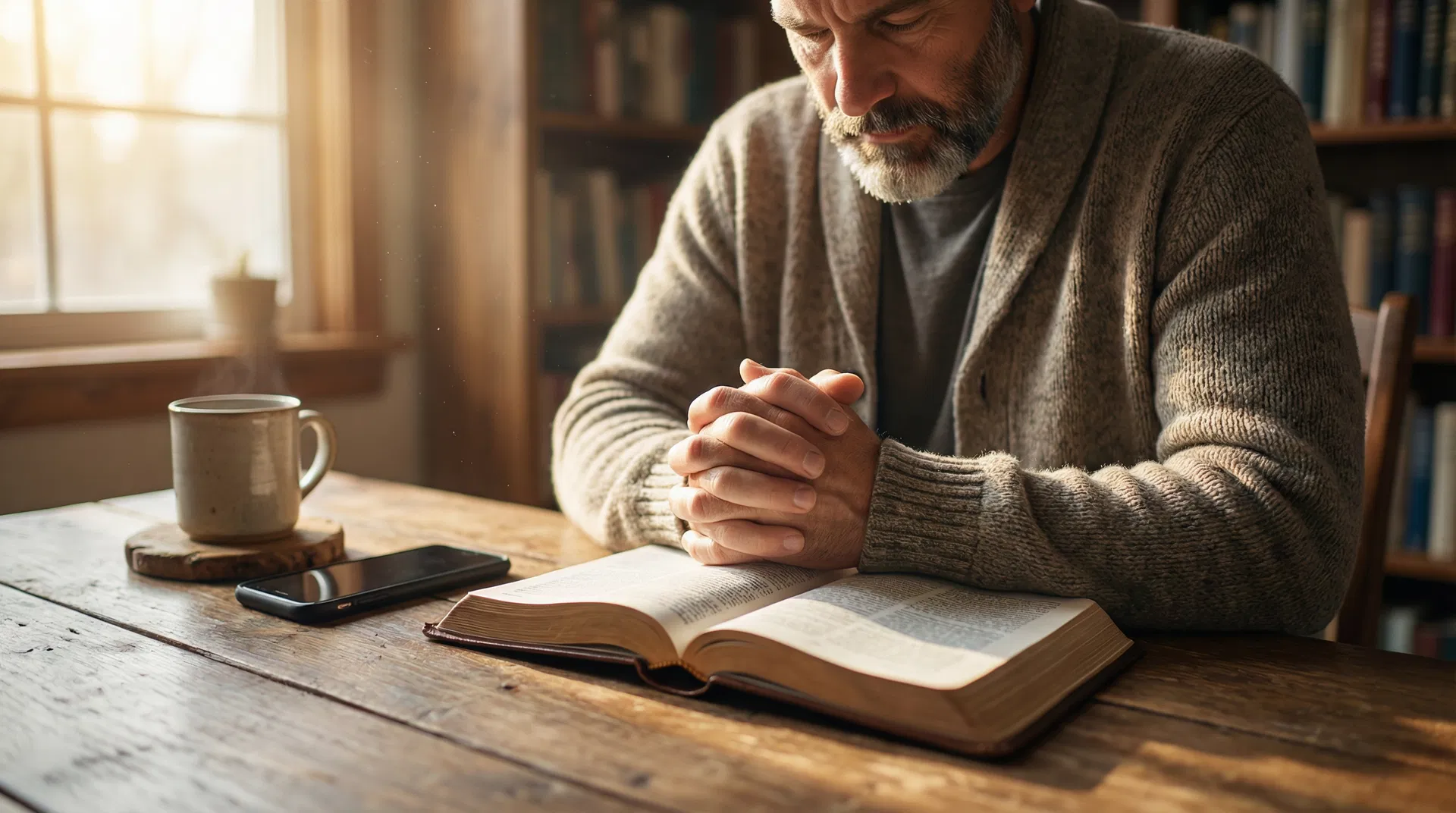 Pastor in prayer with Bible open, phone turned face-down on desk