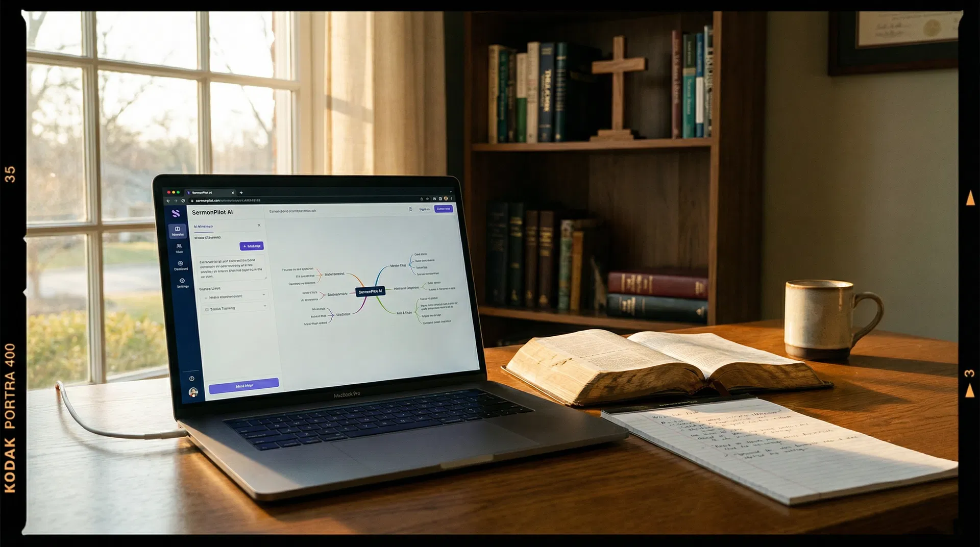 Pastor using laptop with AI tool open alongside study Bible and commentaries