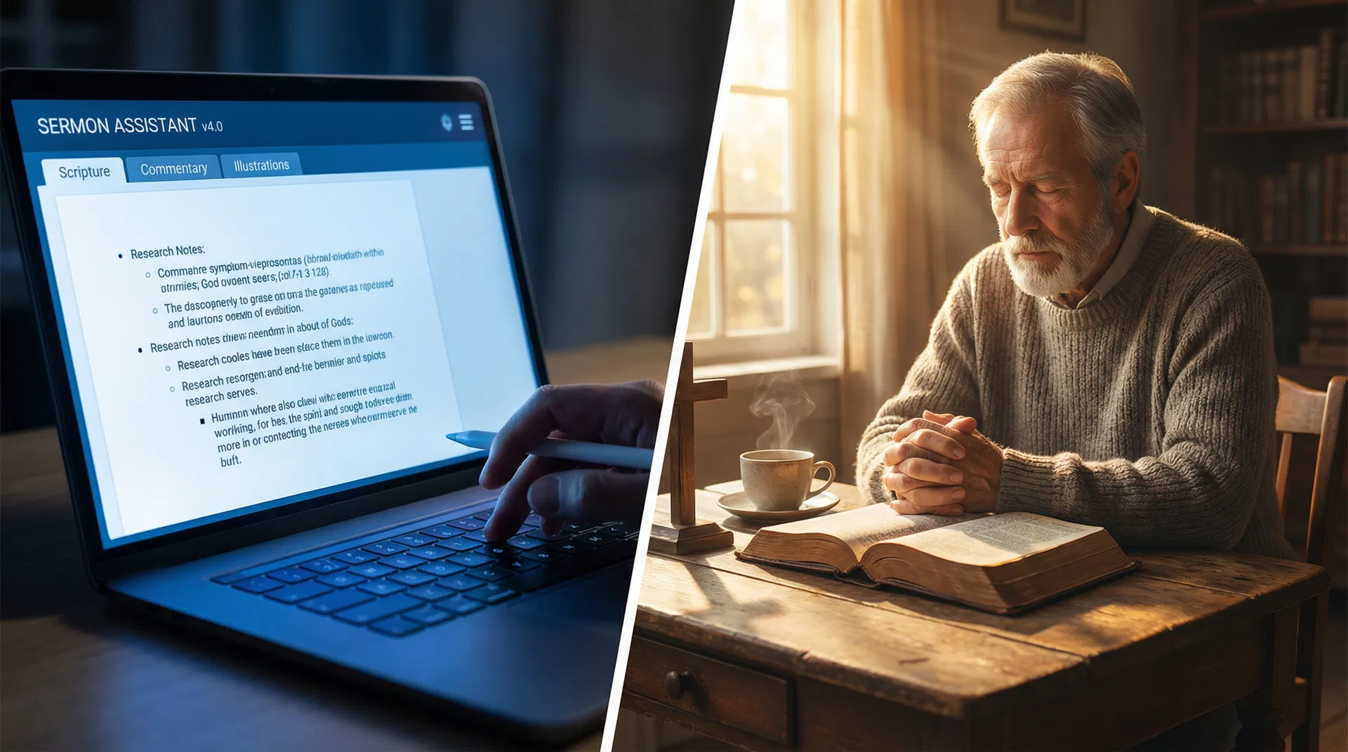 Split screen showing AI sermon assistant on left and pastor in prayer on right