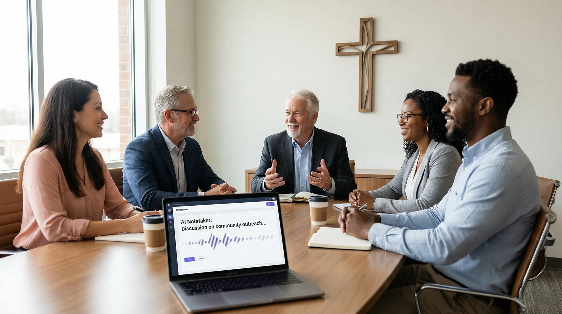 Church staff meeting with laptop showing AI notetaker interface