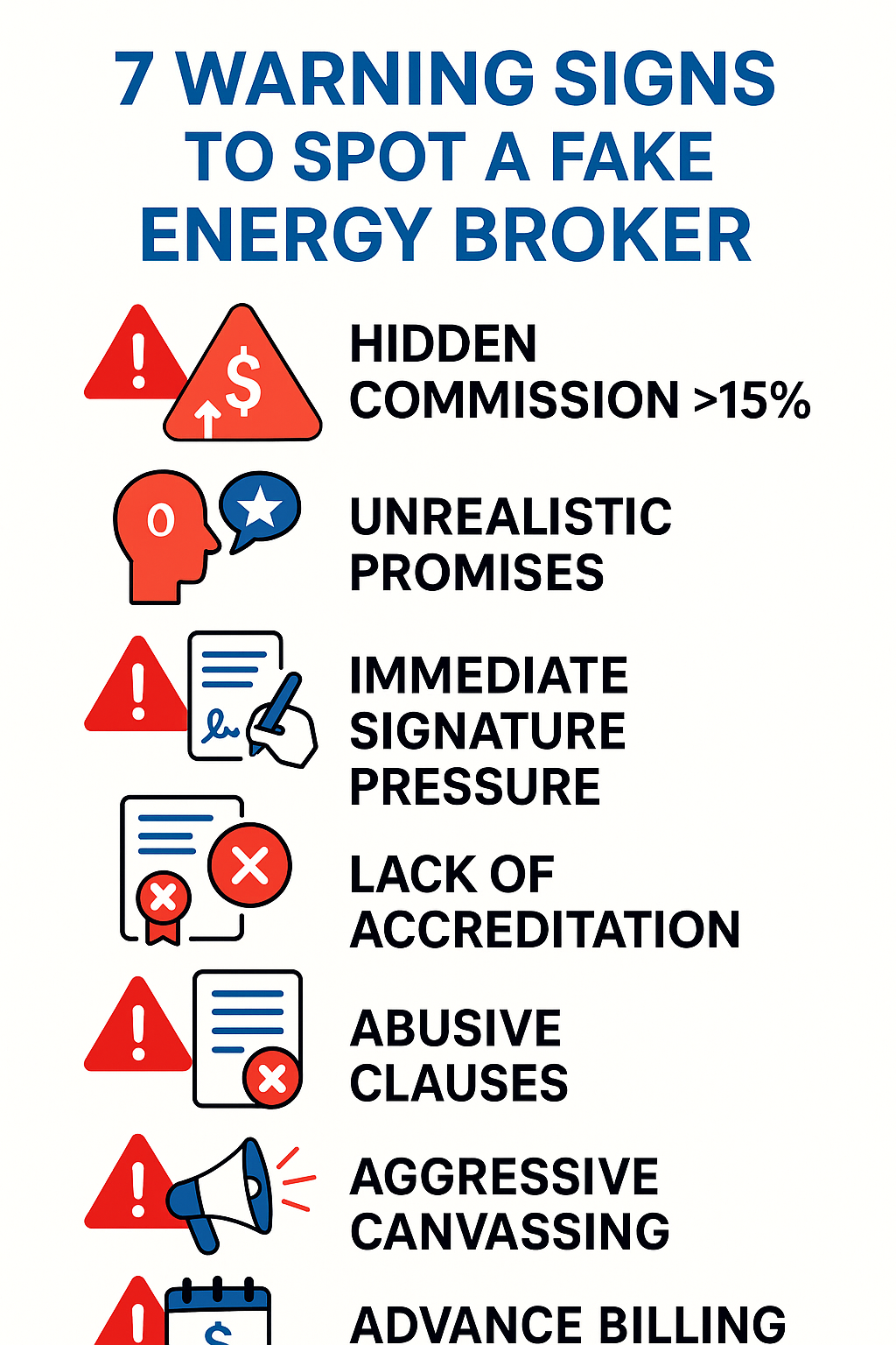 Infographie des 7 signaux d'alerte pour repérer un faux courtier en énergie