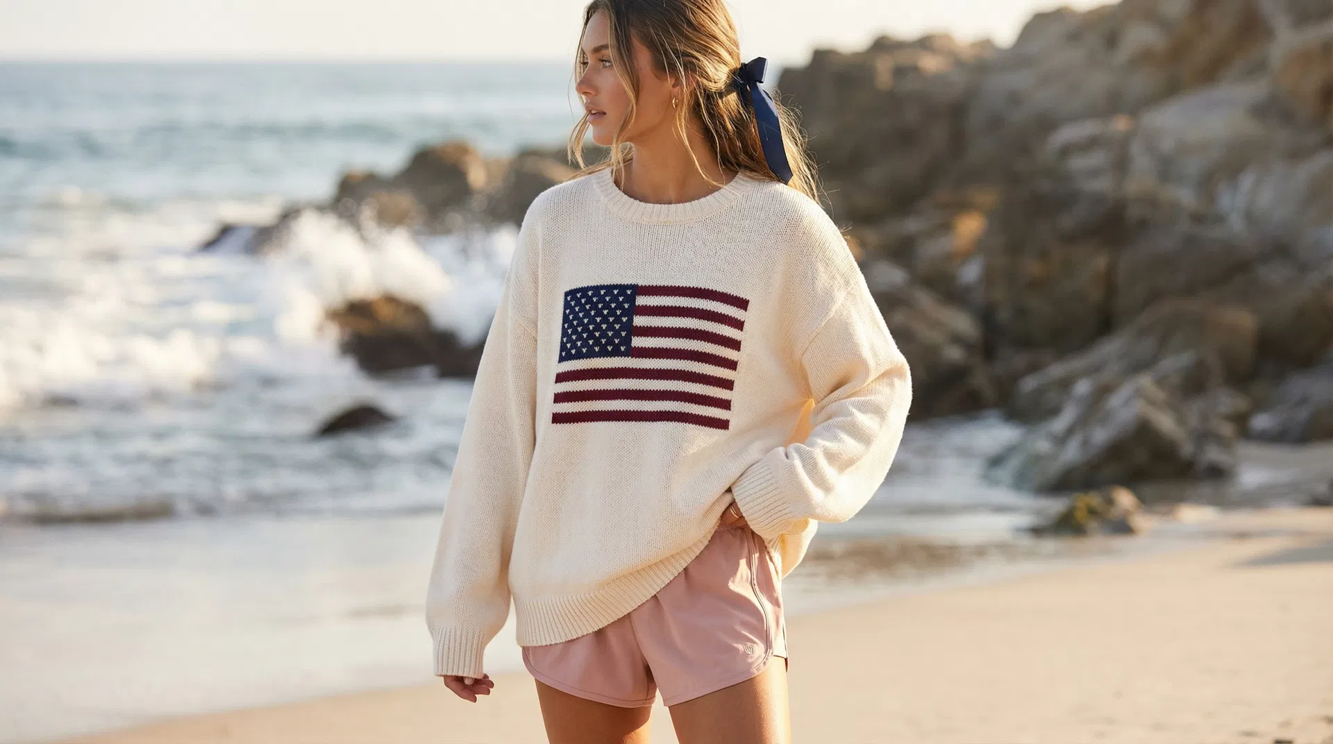 Graced coastal lifestyle - cream sweater with American flag on beach