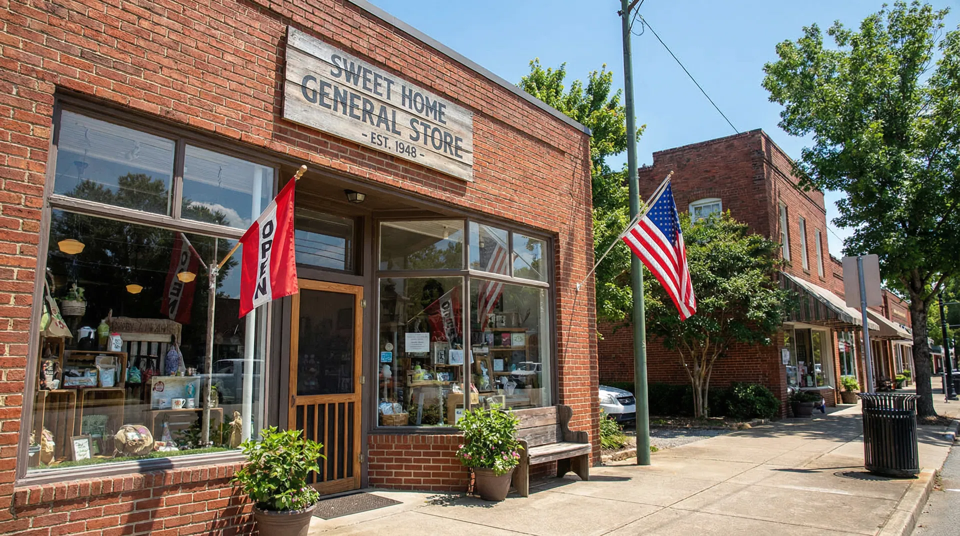 Charming Alabama small business storefront with brick facade, Open sign, American flag, and main street setting