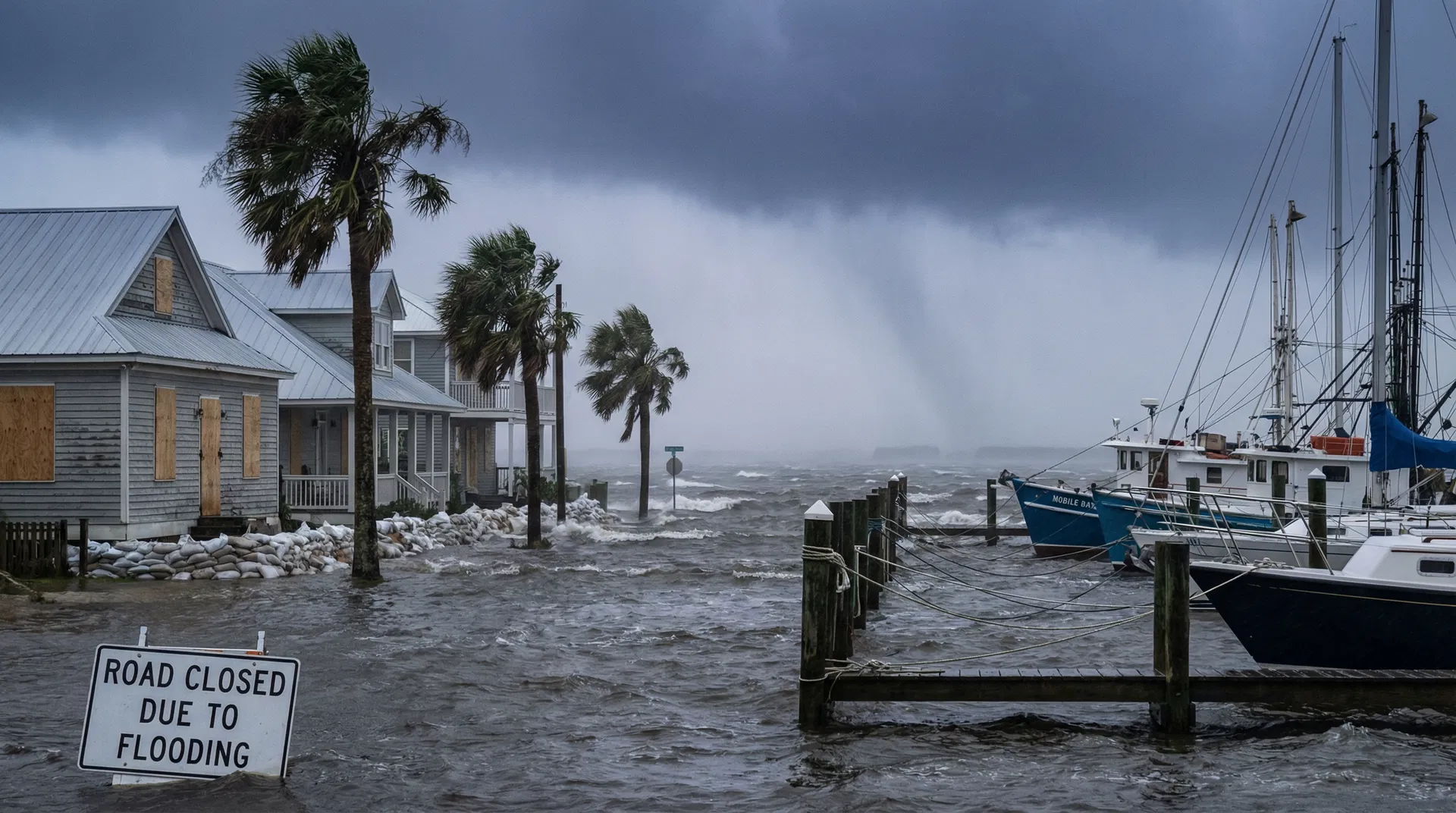 Mobile Bay Alabama waterfront homes with boarded windows, palm trees bending in hurricane winds, boats secured at docks with sandbags and stormy sky
