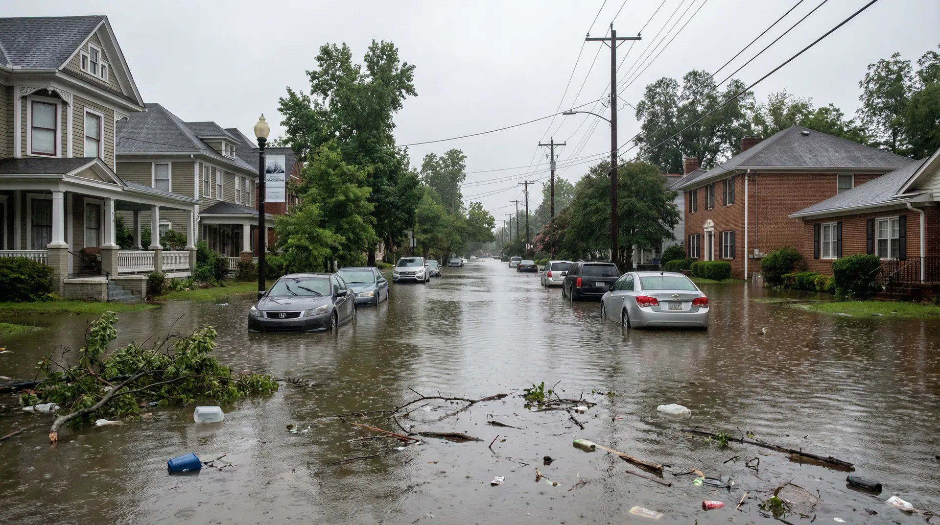 Flooded Birmingham Alabama residential street with water reaching halfway up parked cars and debris floating