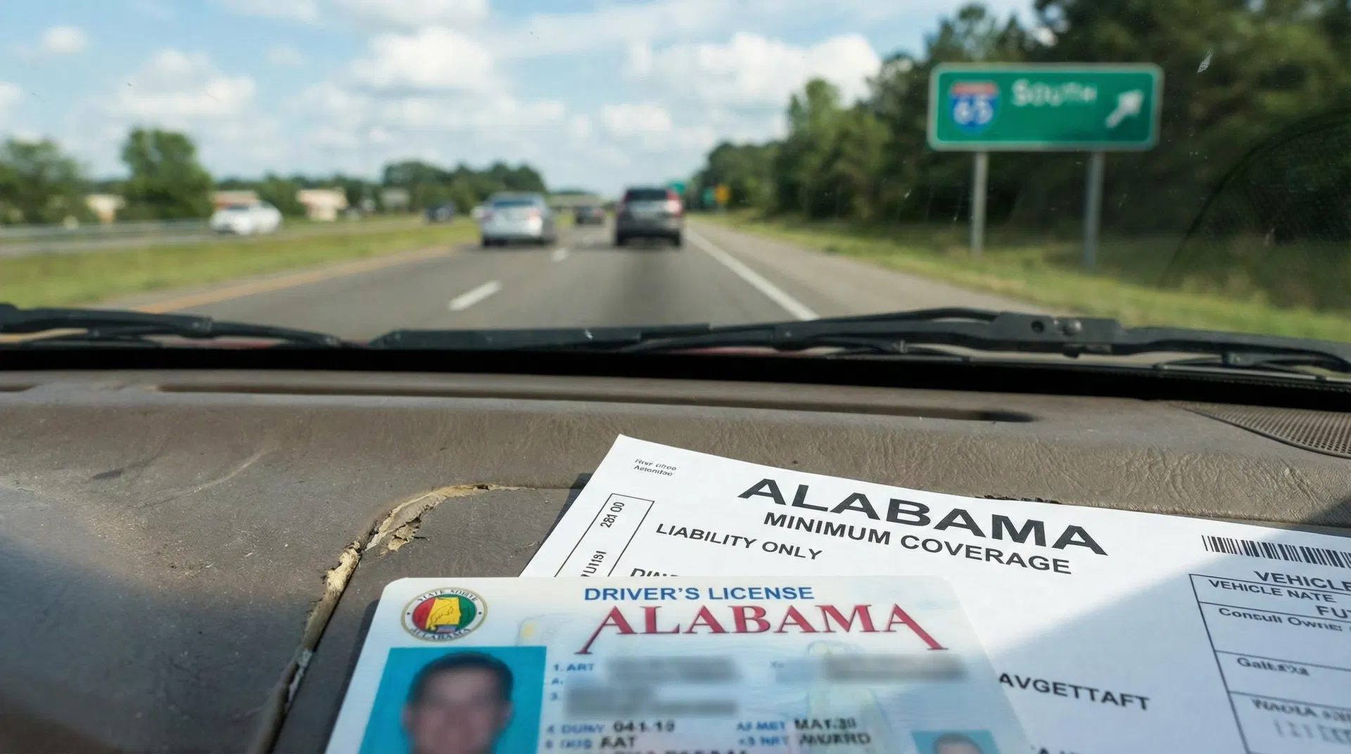 Alabama driver's license and minimum liability insurance card on car dashboard with highway view through windshield