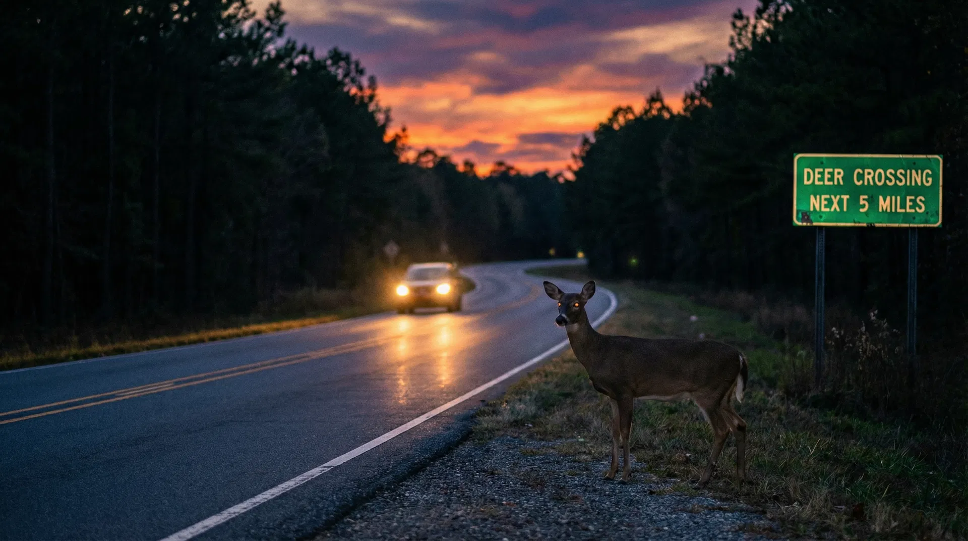 Deer standing on Alabama highway at dusk with approaching headlights and deer crossing sign