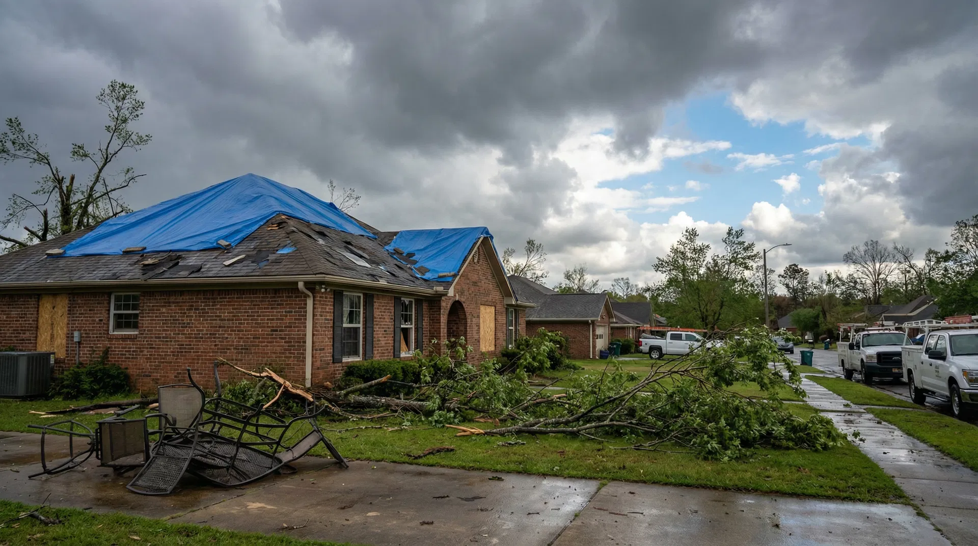 Tornado damage to Birmingham Alabama home with missing roof shingles, blue tarp, broken windows, and debris