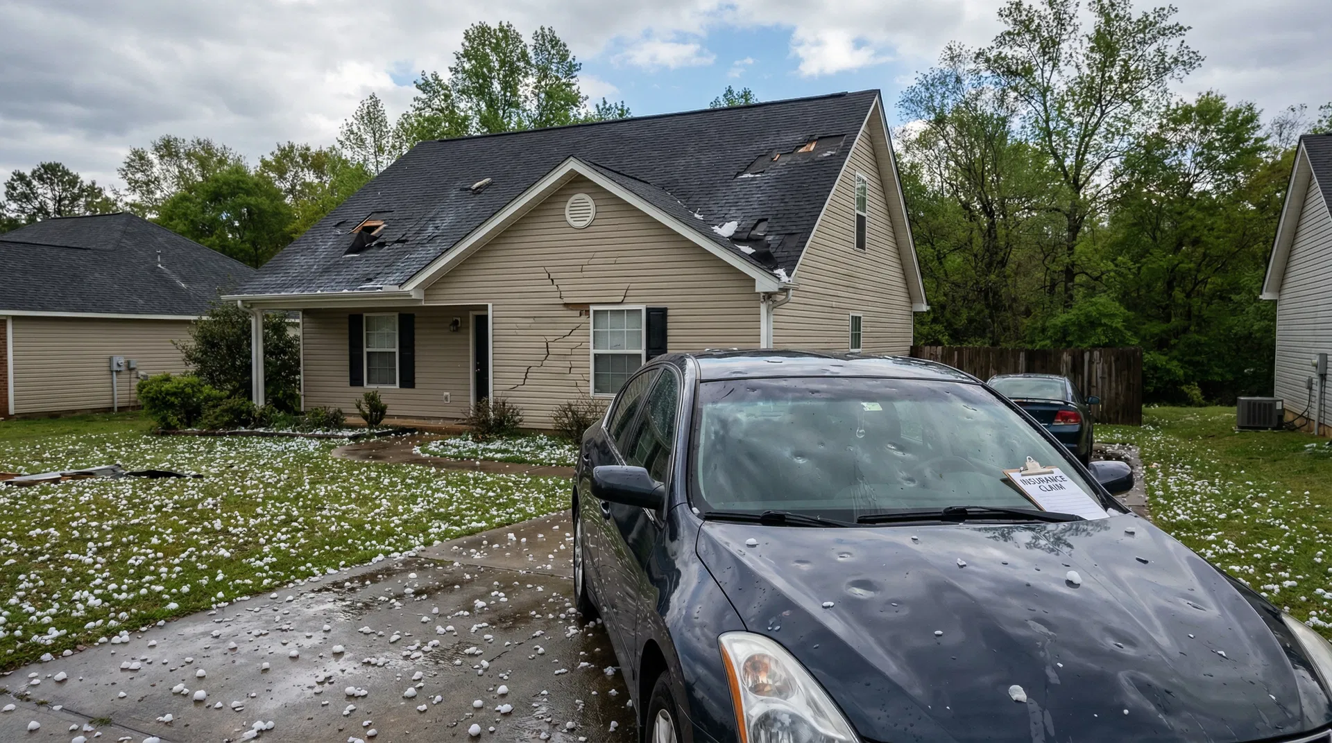Hail damage to Alabama home roof and car with golf ball-sized hailstones scattered on driveway