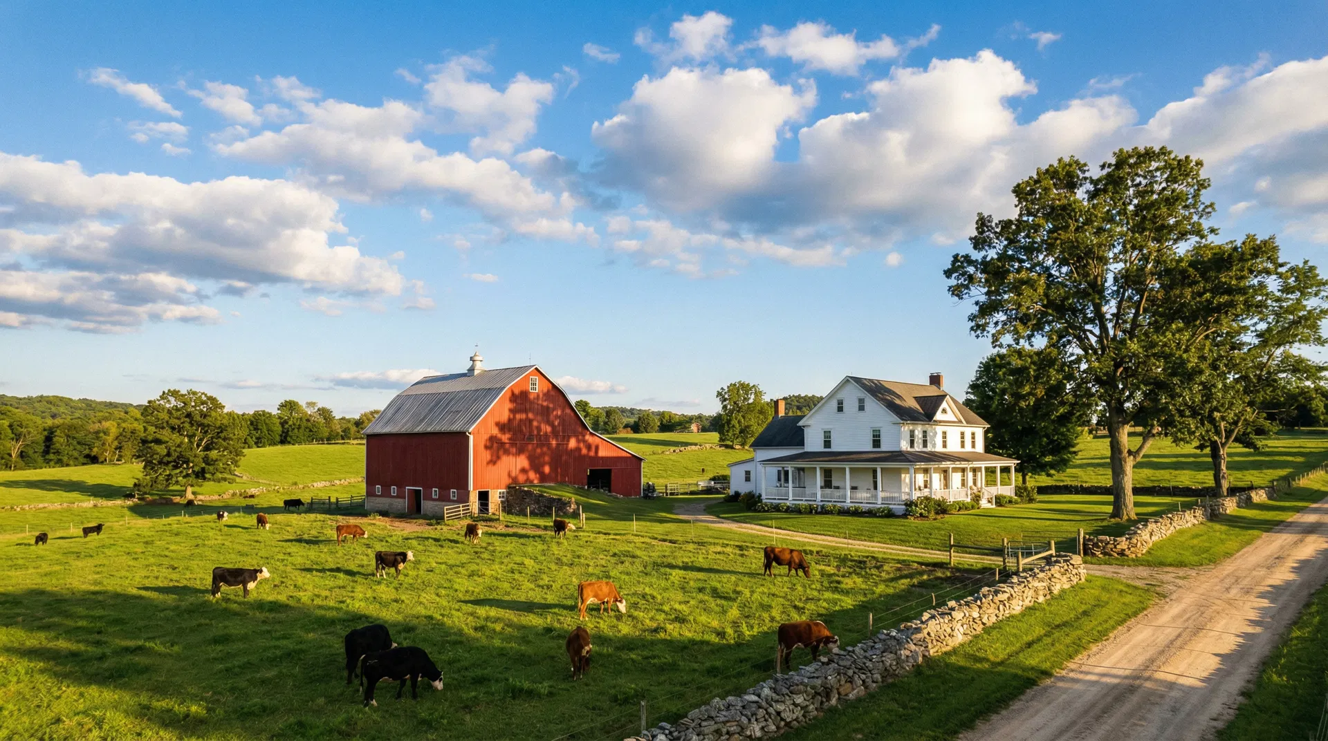 Picturesque family farm with red barn and green pastures