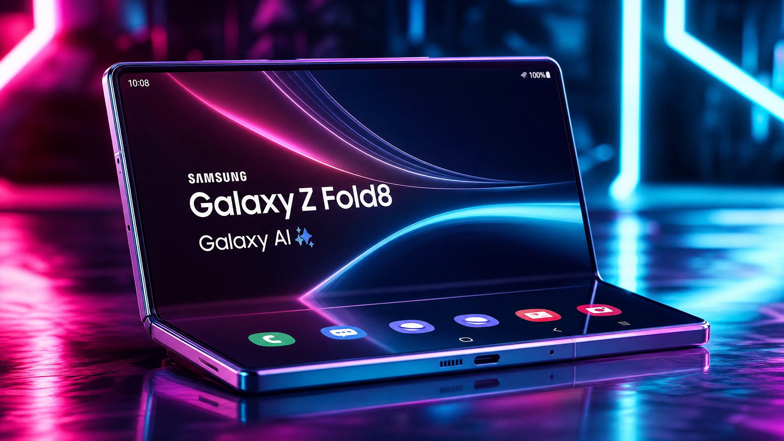 Samsung Galaxy Z Fold 8 em modo Flex com iluminação neon cyberpunk.