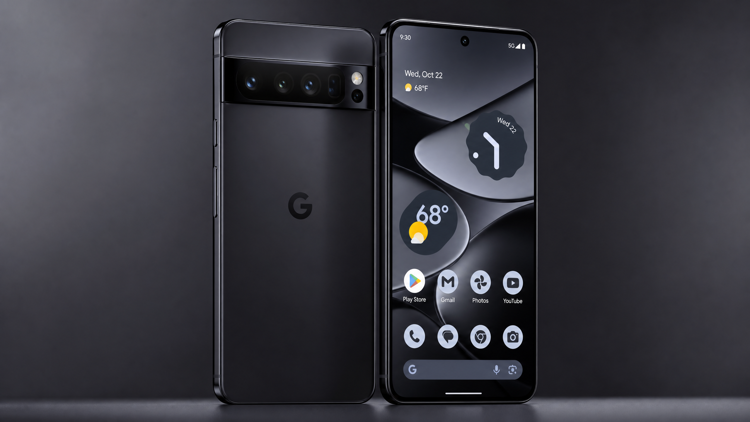 Google Pixel 11 Pro em cor obsidiana com iluminação minimalista.