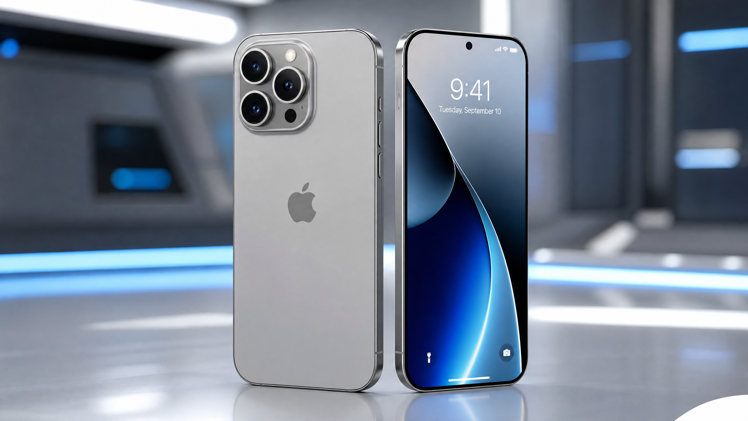 iPhone 18 Pro Max em estúdio tech minimalista com iluminação azul e branca.