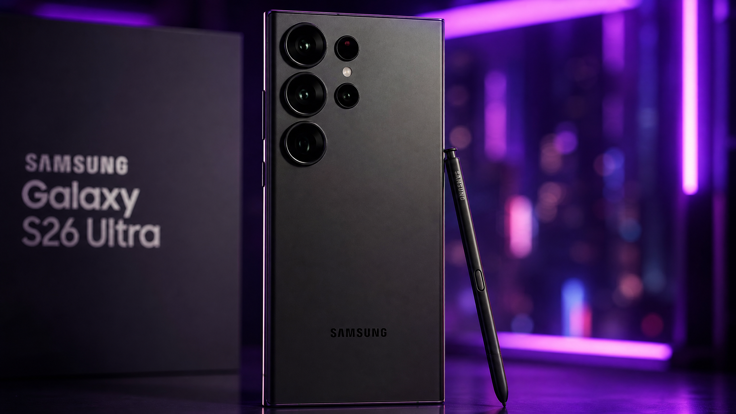 Samsung Galaxy S26 Ultra em estúdio com iluminação cyberpunk roxa, S Pen ao lado.