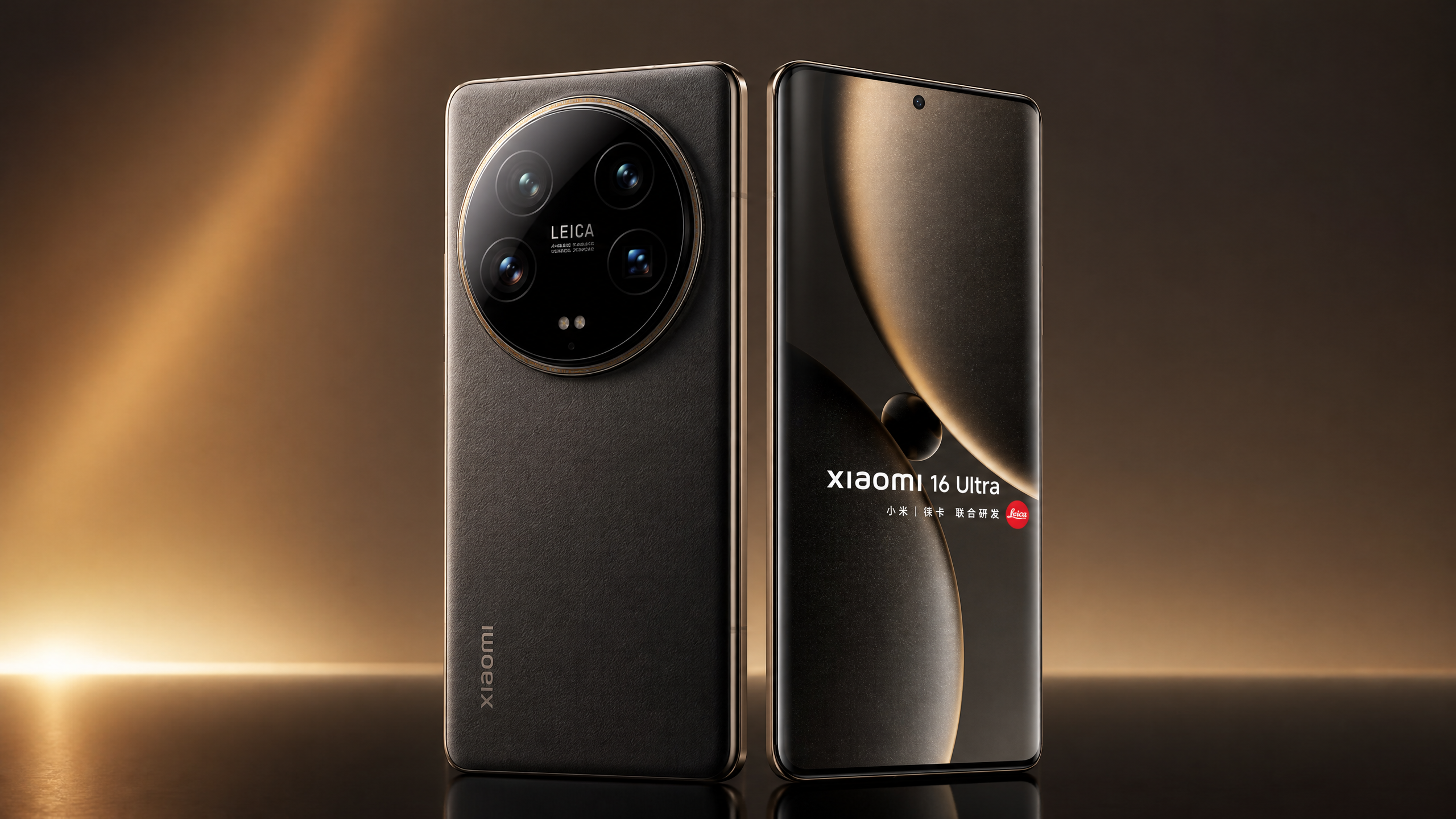 Xiaomi 16 Ultra com módulo de câmera Leica em destaque, iluminação dourada.