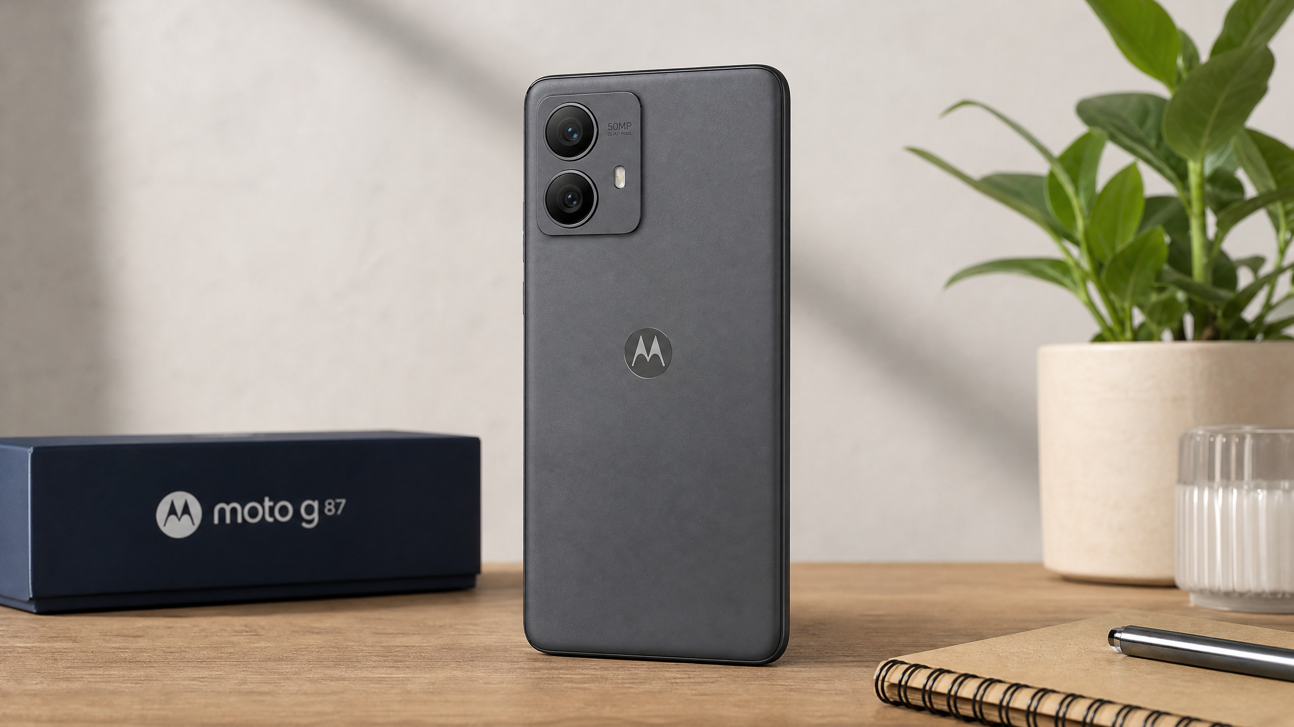Motorola Moto G87 com design prático e acabamento fosco, iluminação natural e limpa.