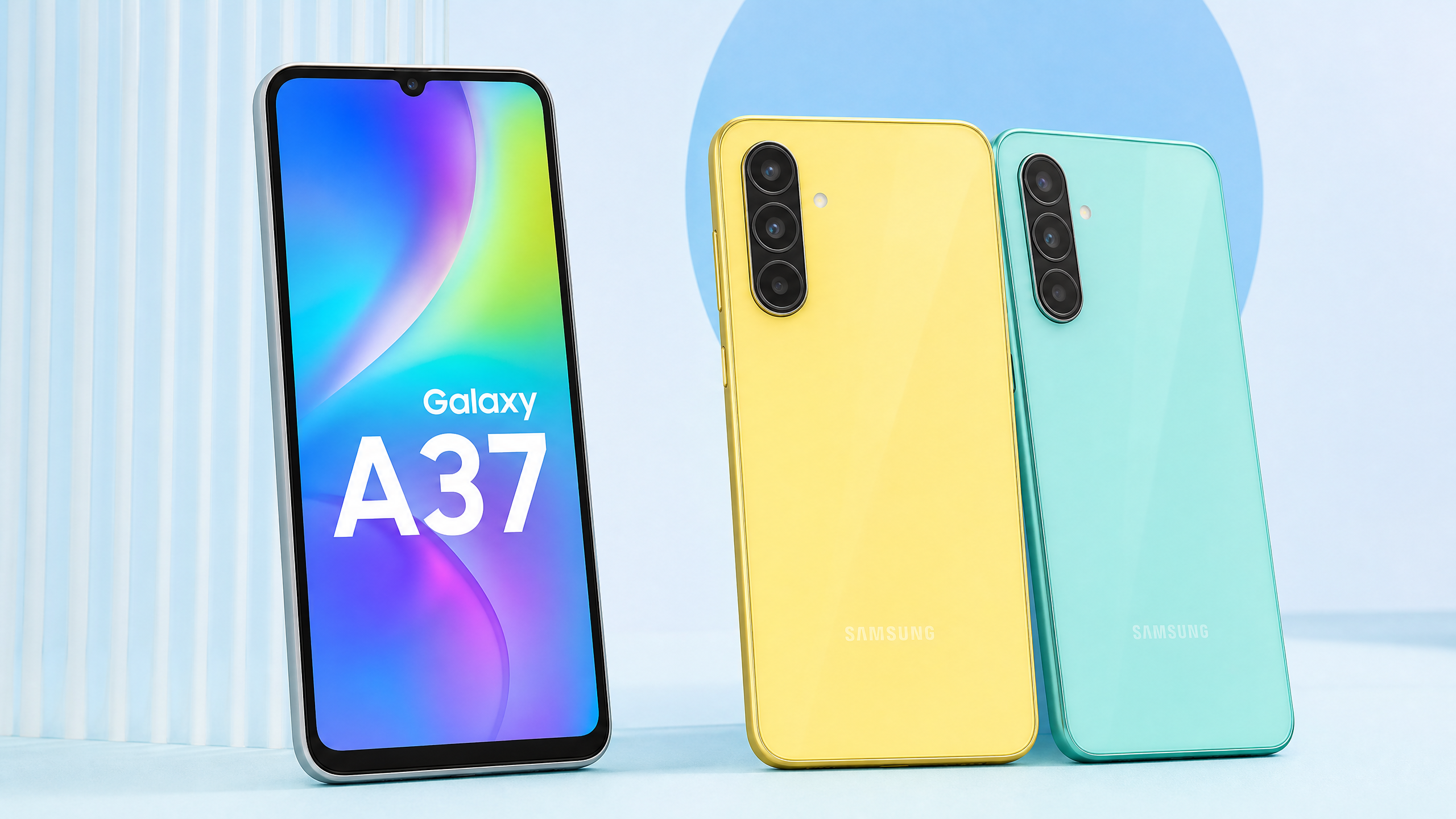 Samsung Galaxy A37 em cores vibrantes (amarelo e verde ), design simples e robusto, iluminação brilhante e jovem.