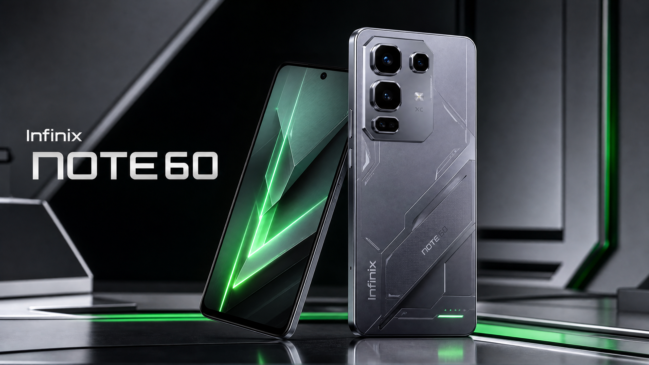 Infinix Note 60 com tela grande e design tech com padrões geométricos, iluminação verde e prata.
