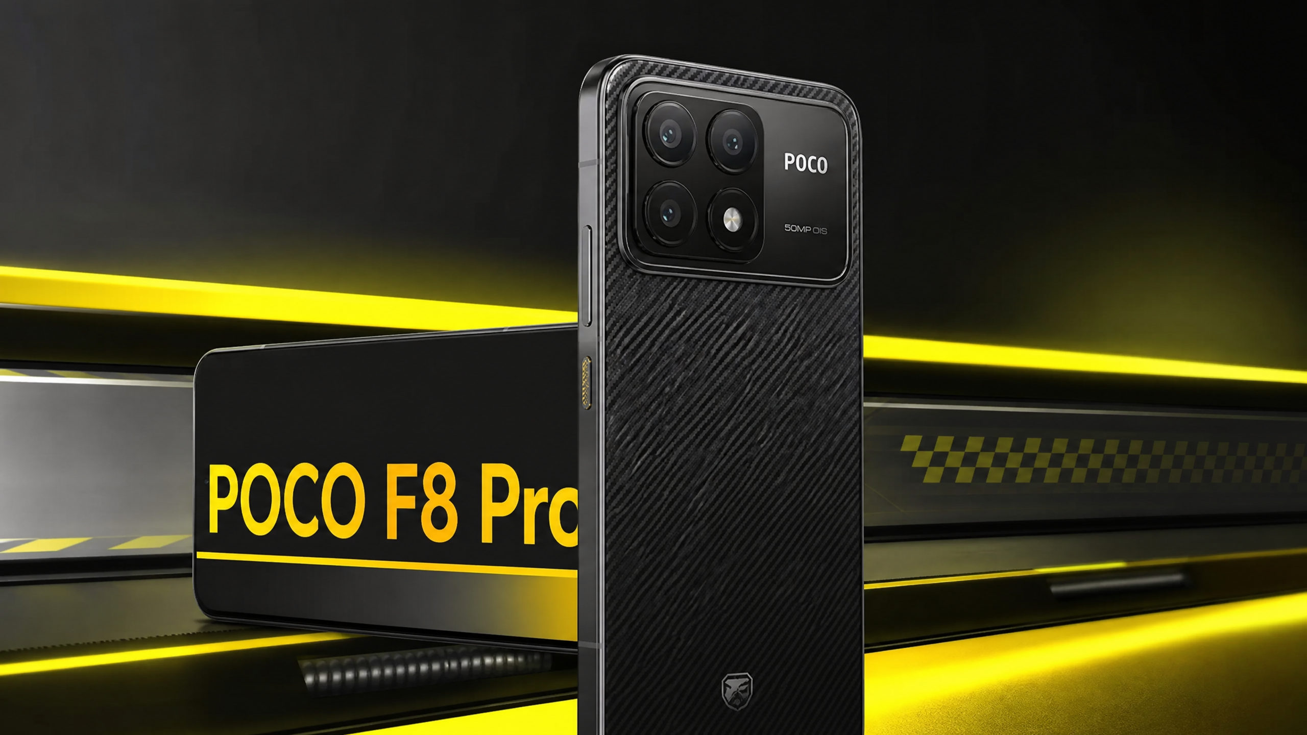 POCO F8 Pro com design esportivo e textura de fibra de carbono, iluminação neon amarela.