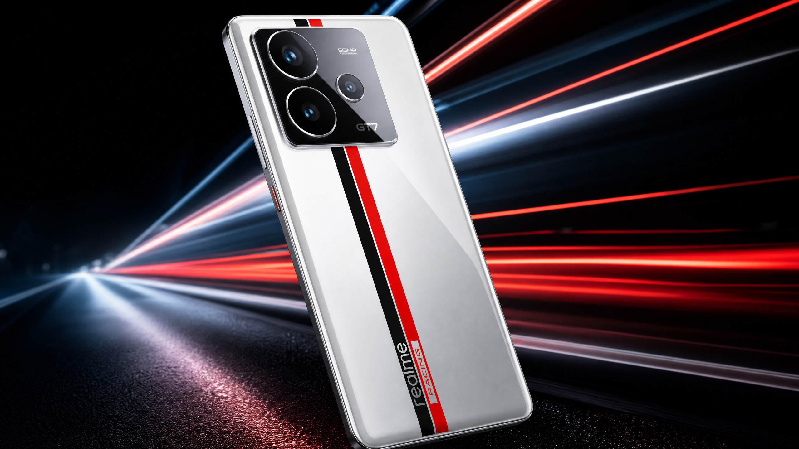 Realme GT 7 com design inspirado em corrida, acabamento brilhante e listras, iluminação neon dinâmica.