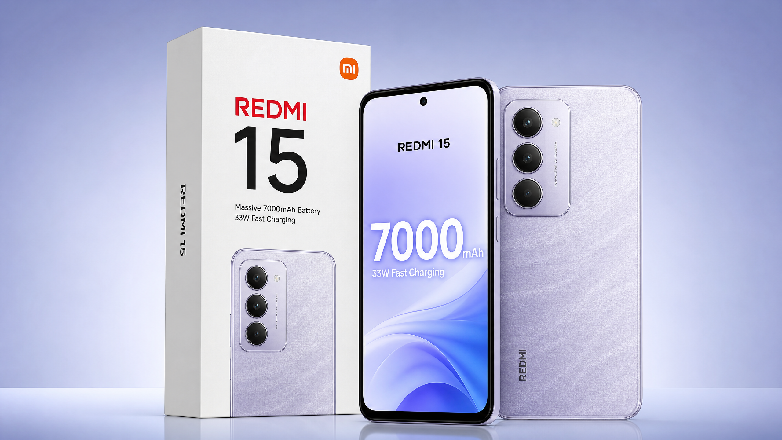 Redmi 15 com design limpo, foco na bateria de 7000mAh e traseira texturizada, iluminação clara e funcional.