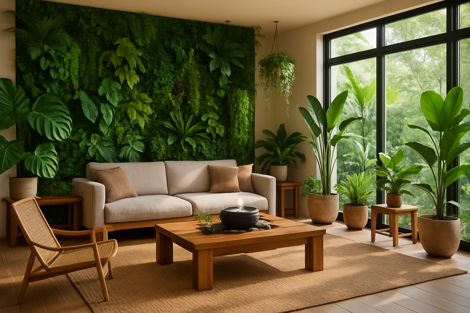 Sala de estar com decoração biofílica, muitas plantas, materiais naturais e luz natural abundante