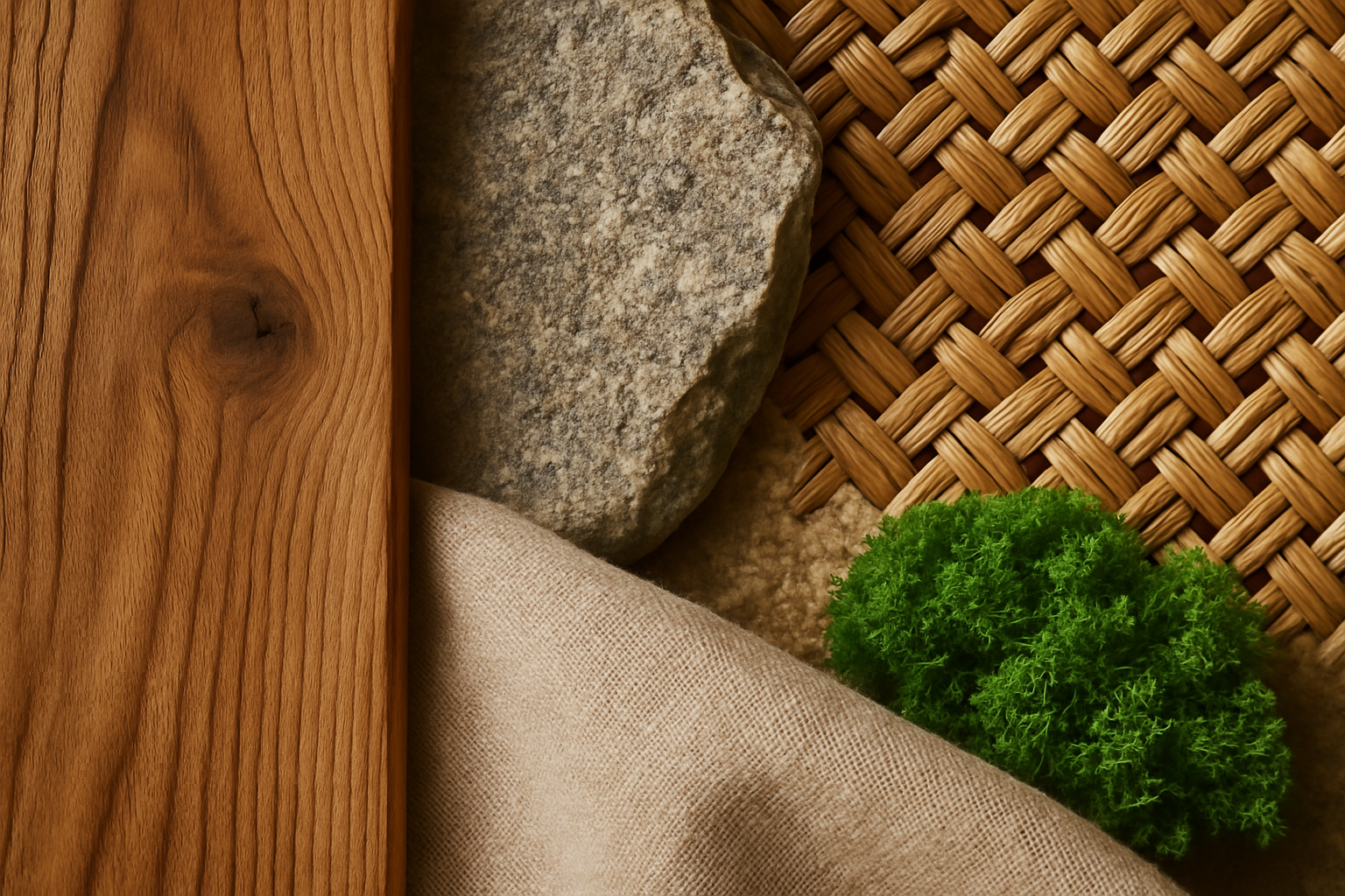 Detalhe de materiais naturais como madeira, pedra e fibras em ambiente biofílico