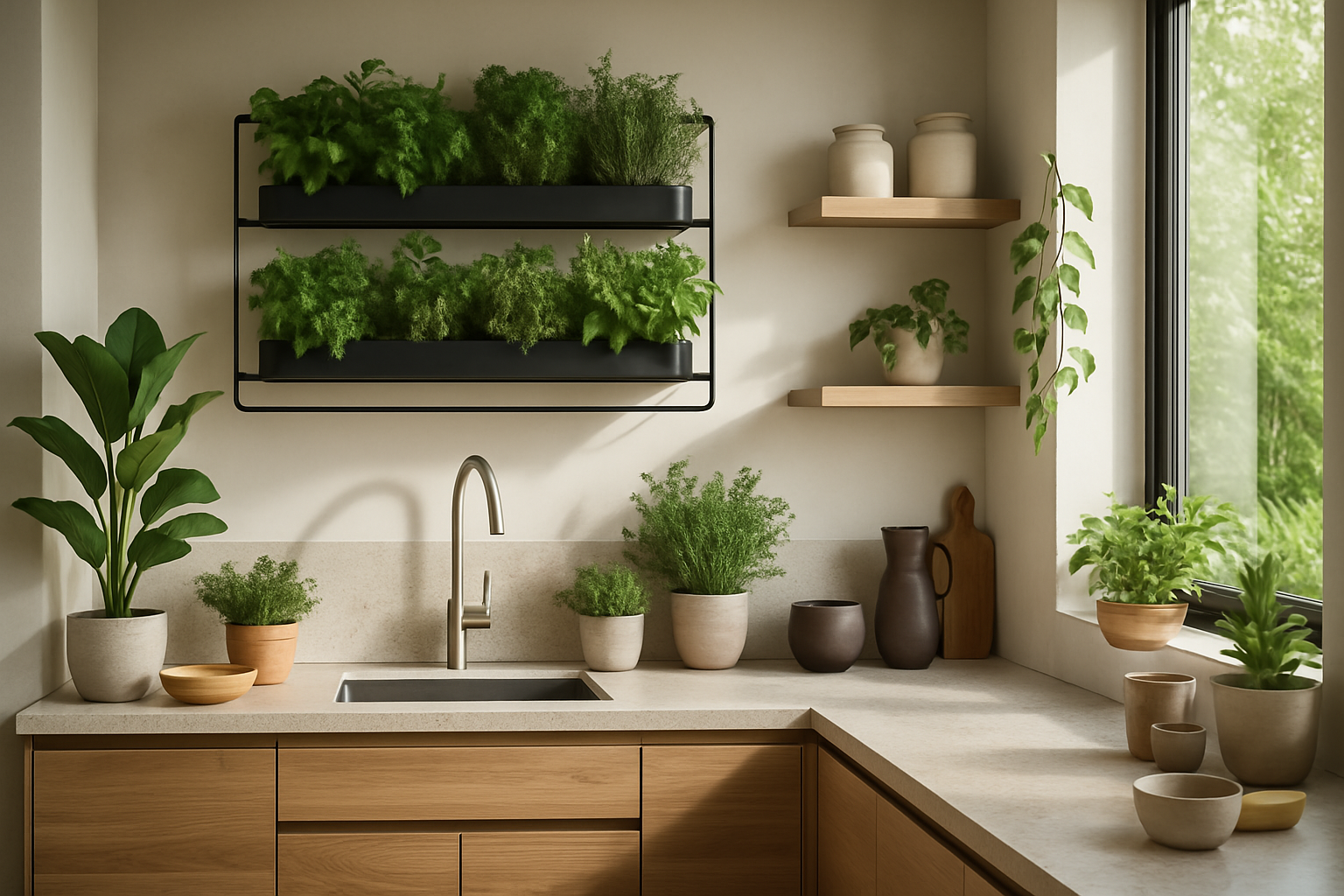 Cozinha com decoração biofílica, horta de temperos e bancada de madeira natural