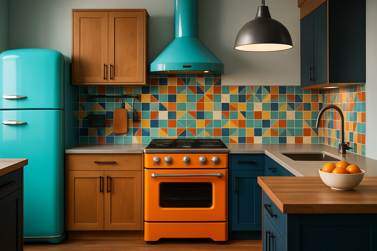 Cozinha com decoração retrô modernizada e eletrodomésticos vintage