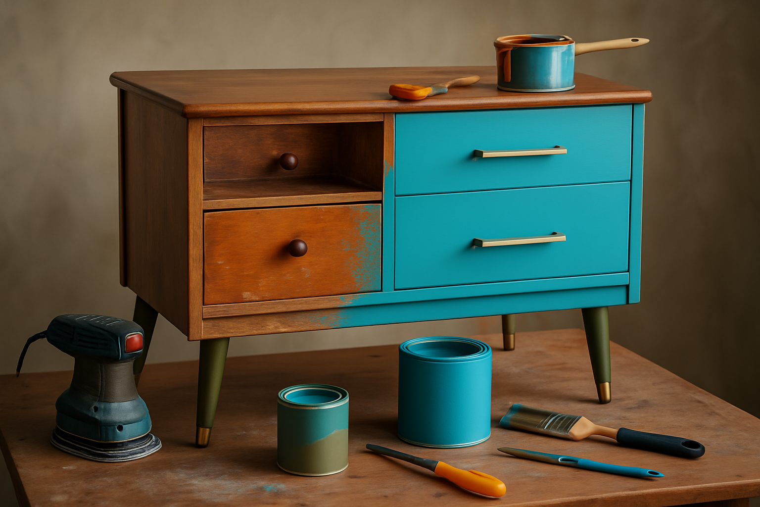 Móvel antigo sendo restaurado com técnicas DIY para estilo retrô modernizado