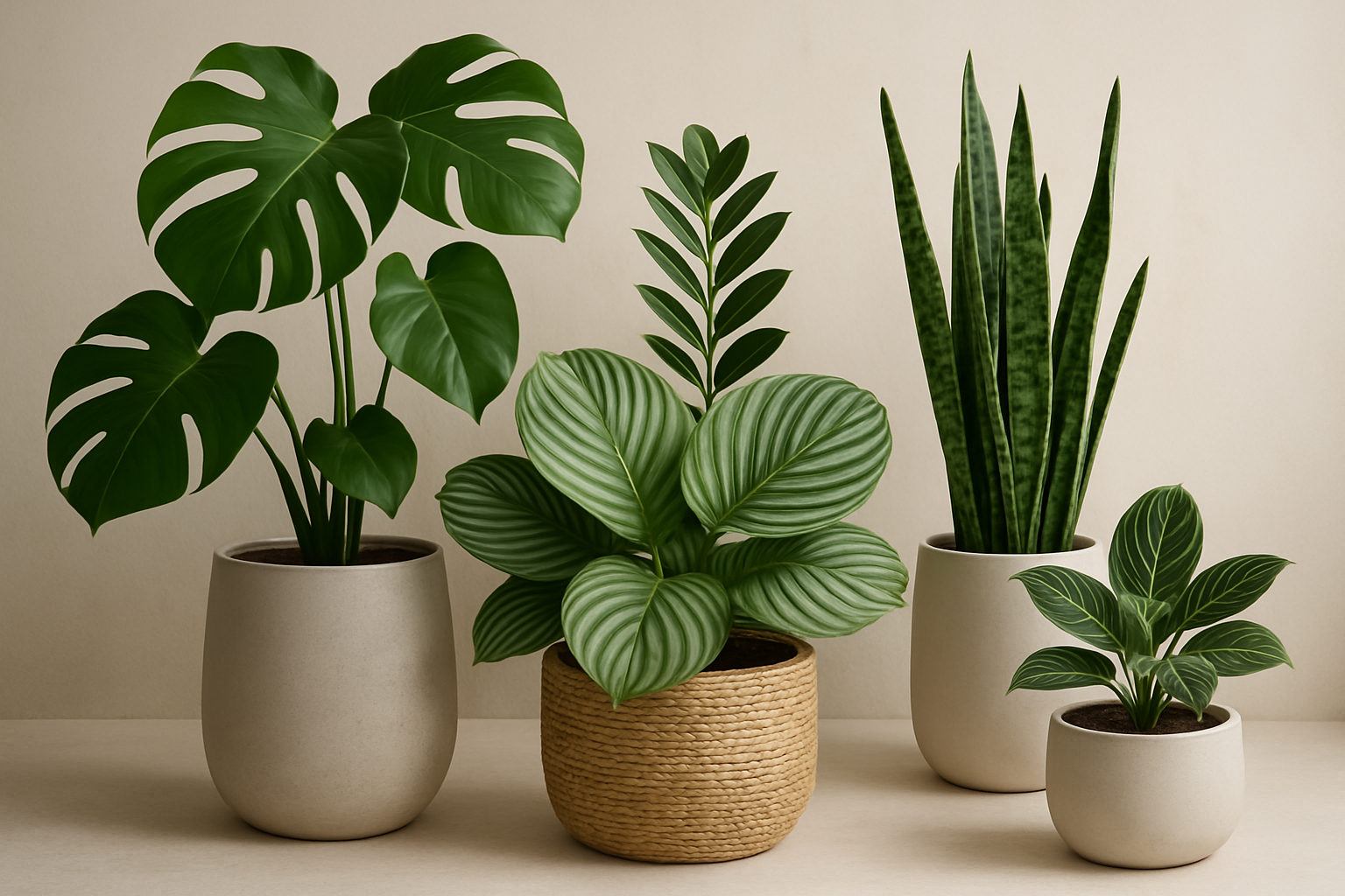 Variedade de plantas tendência para jardins internos em 2025, incluindo Monstera, Zamioculca e Calathea