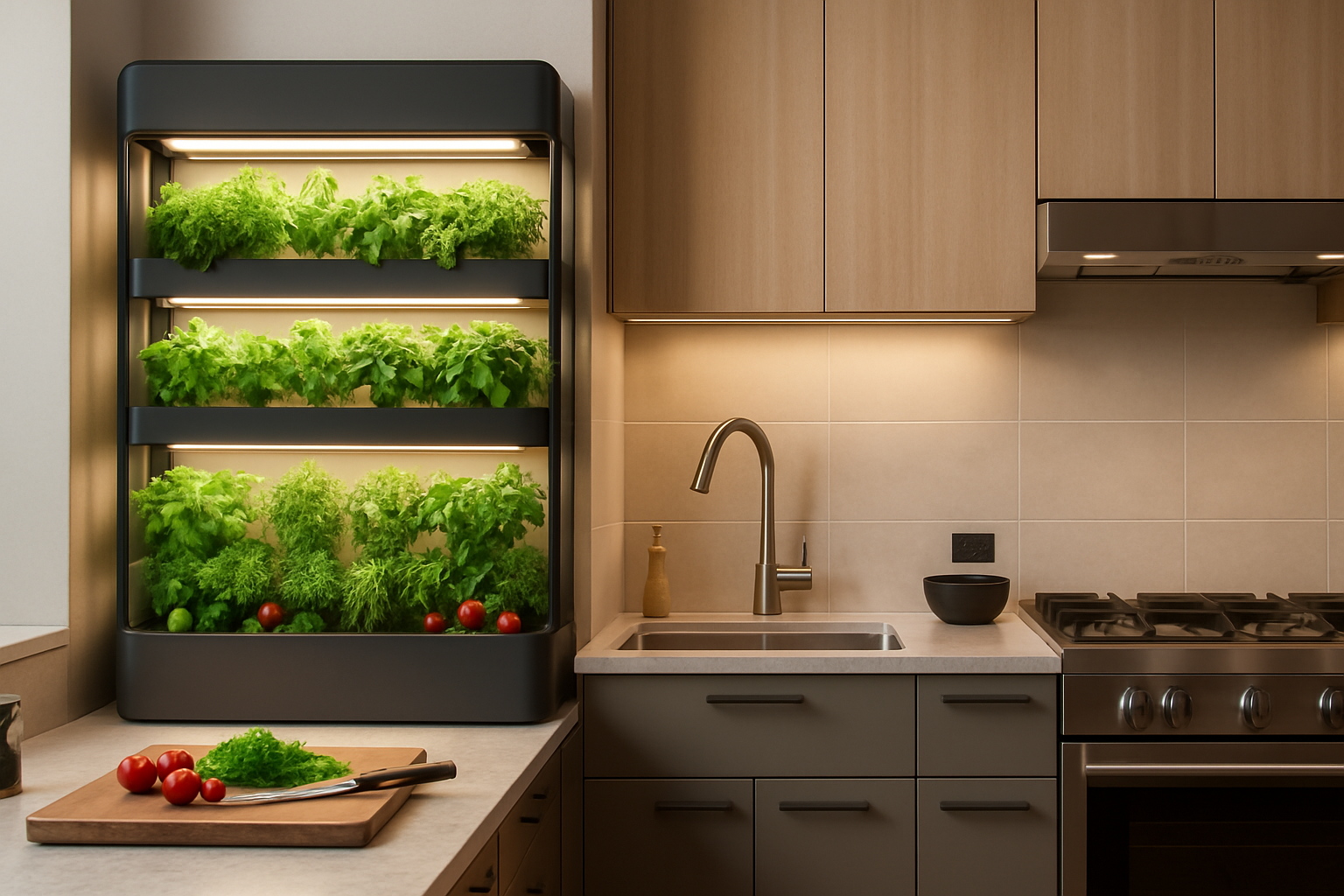 Horta vertical inteligente na cozinha, com ervas frescas crescendo sob luzes LED