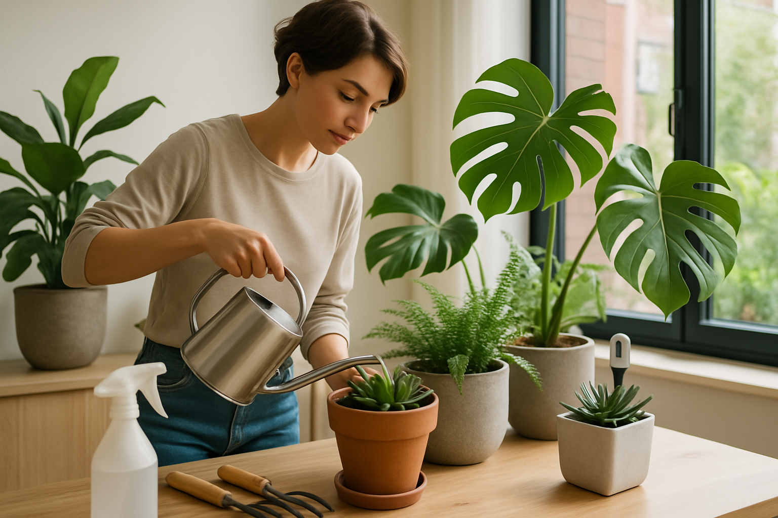 Pessoa cuidando de um jardim interno, regando plantas em vasos modernos e bem iluminados