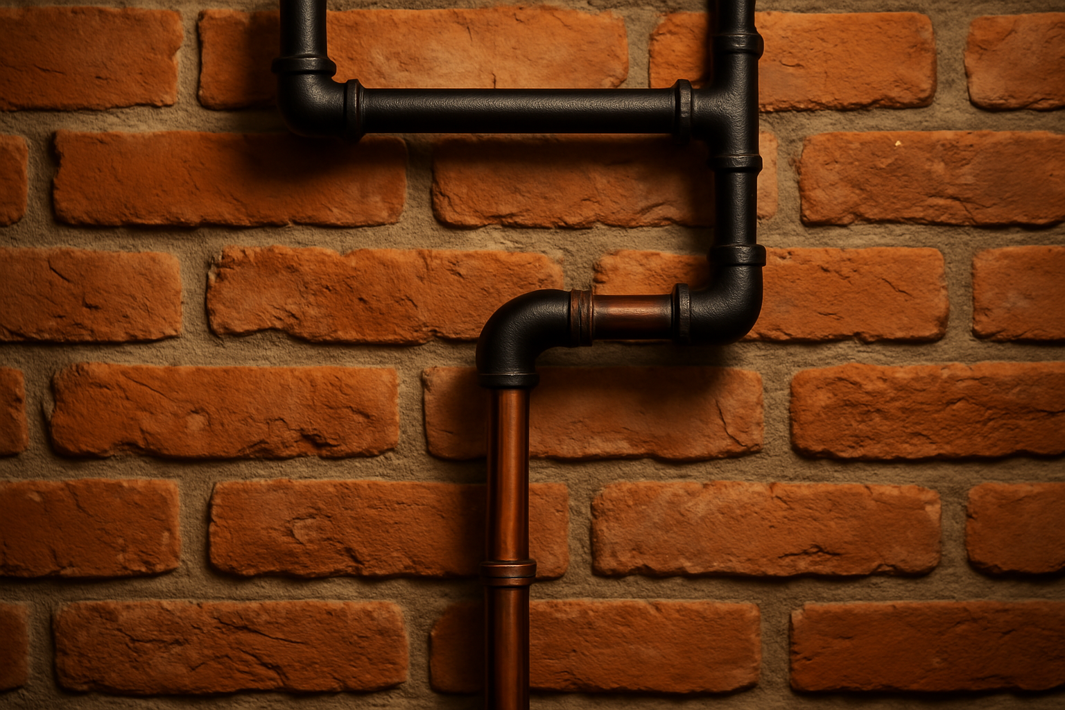 Detalhe de parede com tijolinho aparente e tubulação metálica em ambiente industrial chic