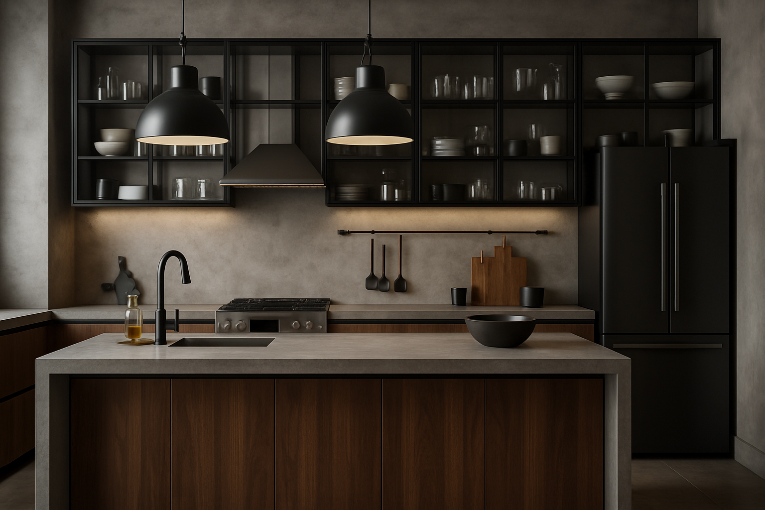 Cozinha industrial chic com bancada de cimento queimado e armários de metal e madeira