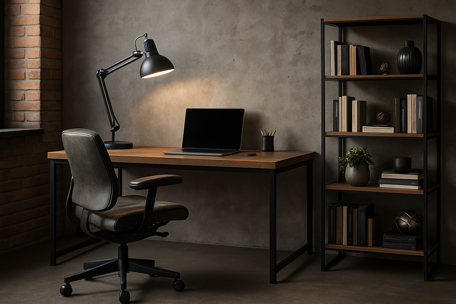 Home office com decoração industrial chic, escrivaninha de metal e madeira, e iluminação industrial