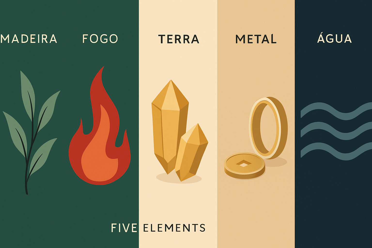 Representação visual dos cinco elementos do Feng Shui e suas cores correspondentes.